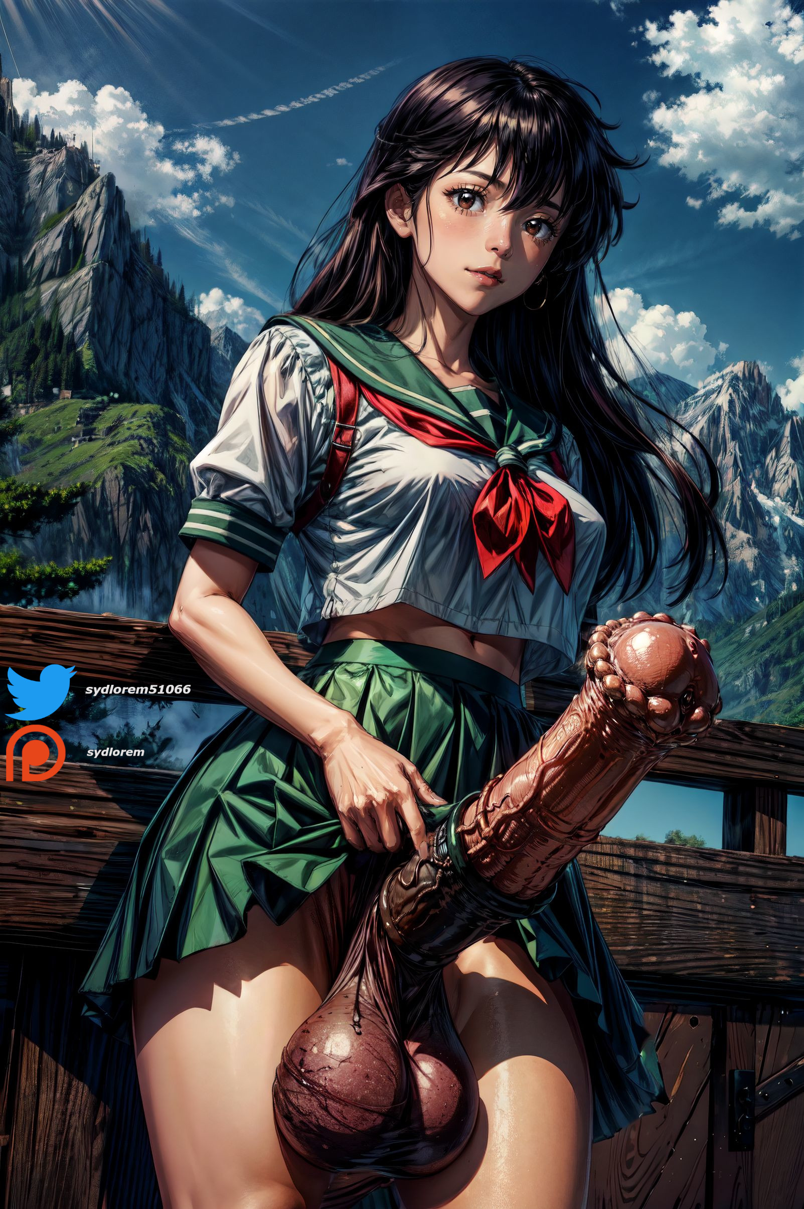 1futa, ai generated, balls, black hair, flared penis, futa only, futanari, higurashi, horse penis, horseballs, horsecock, horsecock futa, human with animal genitalia, human with horsecock, intersex, inuyasha, kagome higurashi, looking at viewer, mountains, penis, skirt, skirt lift, stable diffusion, sydlorem