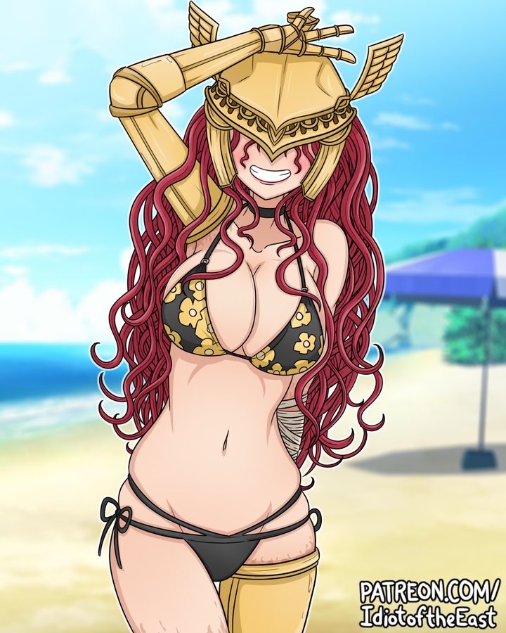 1girls beach big_breasts bikini bikini_bottom bikini_top blush blushing choker cleavage elden_ring eyes_covered fromsoftware idiotoftheeast kitagawa_marin_(cosplay) malenia_blade_of_miquella patreon patreon_username red_hair small_waist smile sono_bisque_doll_wa_koi_wo_suru