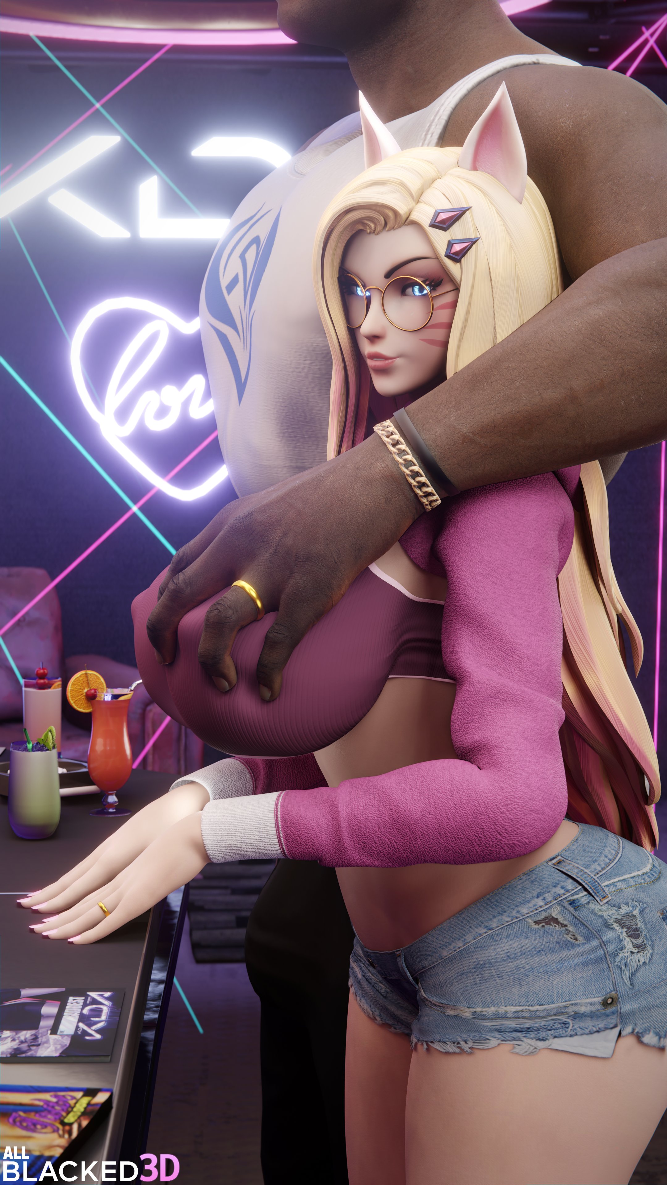 3d, 9 tails, ahri, allblacked3d, big breasts, blonde hair, breast grab, breasts, dark skin, dark-skinned male, female, fox ears, glasses, huge breasts, imminent sex, interracial, k/da ahri, k/da all out ahri, k/da all out series, k/da series, larger male, league of legends, male, massive breasts, multi tail, nine tailed fox, smaller female, vastaya, voluptuous