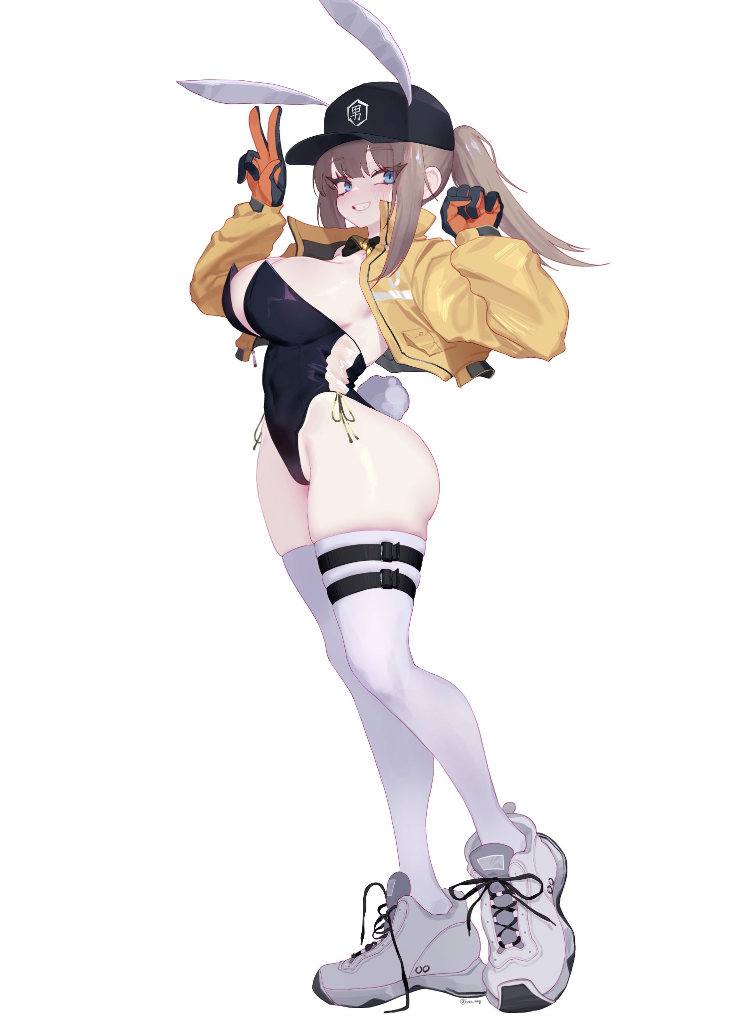 1girls, ass, blue eyes, blush, breasts, bunny ears, bunny girl, bunny tail, bunnysuit, dima (girls' frontline), eonsang, fake animal ears, female, full body, girls' frontline, gloves, hat, jacket, leotard, peace sign, ponytail, socks, solo, standing, tagme, thick thighs, thigh socks, thigh strap, thighhighs, thighs, v, white background, white socks