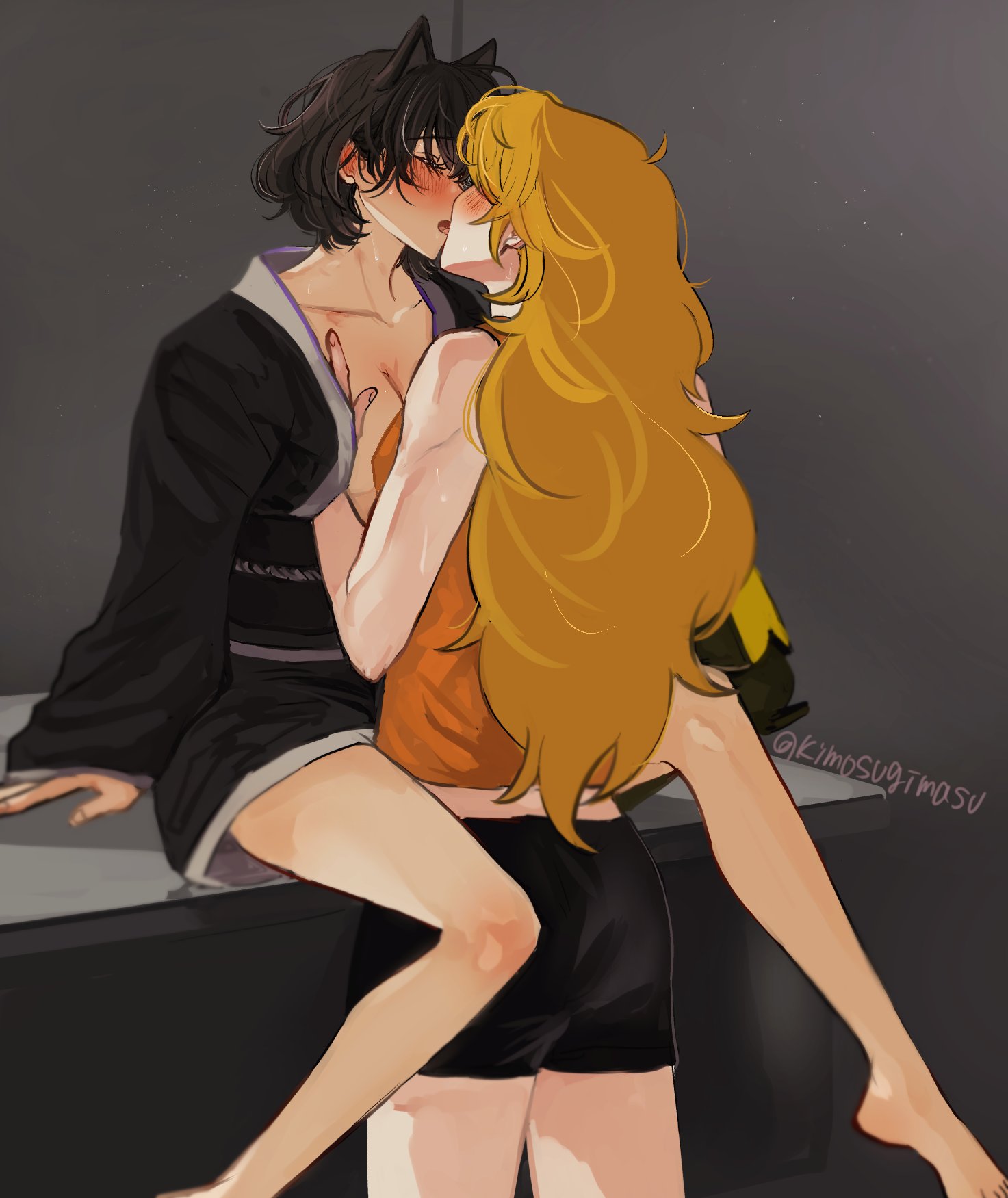 2girls, ahoge, animal ears, black hair, blake belladonna, blonde hair, blush, bob cut, breasts, cat ears, cat girl, catgirl, closed eyes, digital drawing (artwork), faunus, female, female only, fondling breast, fully clothed, grabbing breasts, imminent sex, kemonomimi, kimosugimasu, kimosugimasu (artist), kissing, lesbian, lesbians, light skin, light-skinned female, long hair, mechanical arm, multiple females, multiple girls, orange tank top, pajamas, prosthetic, prosthetic arm, prosthetic limb, robe, rooster teeth, rwby, short hair, shorts, sitting, source, tender, yang xiao long, yuri