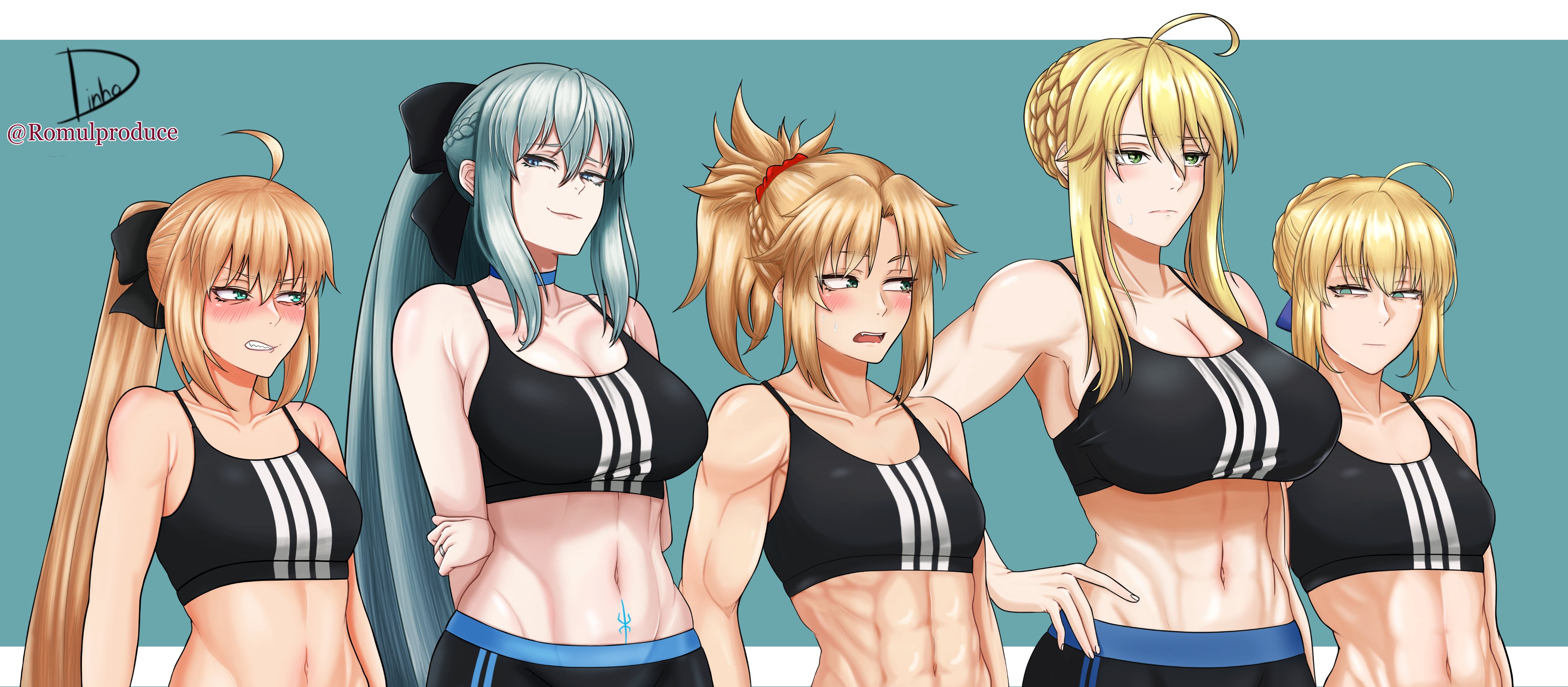 5girls, abs, ahoge, angry, artoria pendragon, artoria pendragon (caster), artoria pendragon (fate), artoria pendragon (lancer), aunt and niece, big breasts, blonde hair, blue eyes, blue hair, breast envy, breast size difference, breasts, clenched teeth, dinho (romulproduce), fate (series), fate/grand order, female, female only, glaring, green eyes, hair ribbon, huge breasts, light skin, light-skinned female, long hair, medium support (meme), meme, midriff, milf, mordred (fate), morgan le fay (fate), mother and daughter, mothers and daughter, muscular, navel, ponytail, pubic tattoo, romulproduce, saber, short hair, small breasts, smile, smug, sports bra, tattoo, twintails