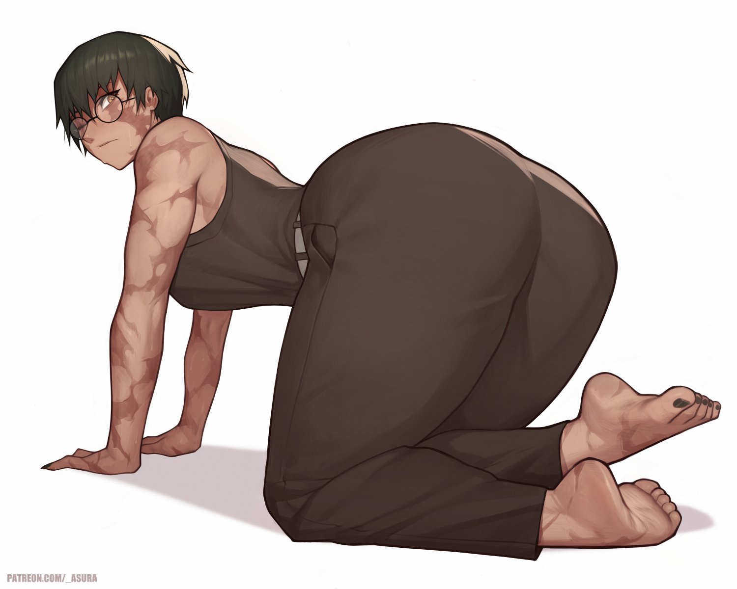 1girls, ass, asura (artist), barefoot, bubble ass, bubble butt, feet, female, glasses, green hair, green-haired female, jujutsu kaisen, one eye closed, scar, scar on face, scars, scars all over, short hair, soles, toes, tomboy, very short hair, zenin maki
