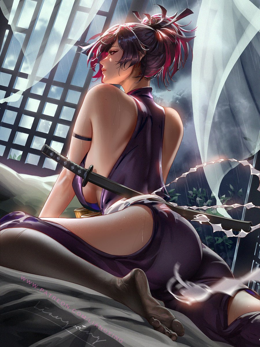 ass_focus bedroom big_ass big_breasts jigokuraku katana kunoichi liang_xing ninja purple_clothing purple_hair revealing_clothes sideboob soles stockings sword yuzuriha_(jigokuraku)