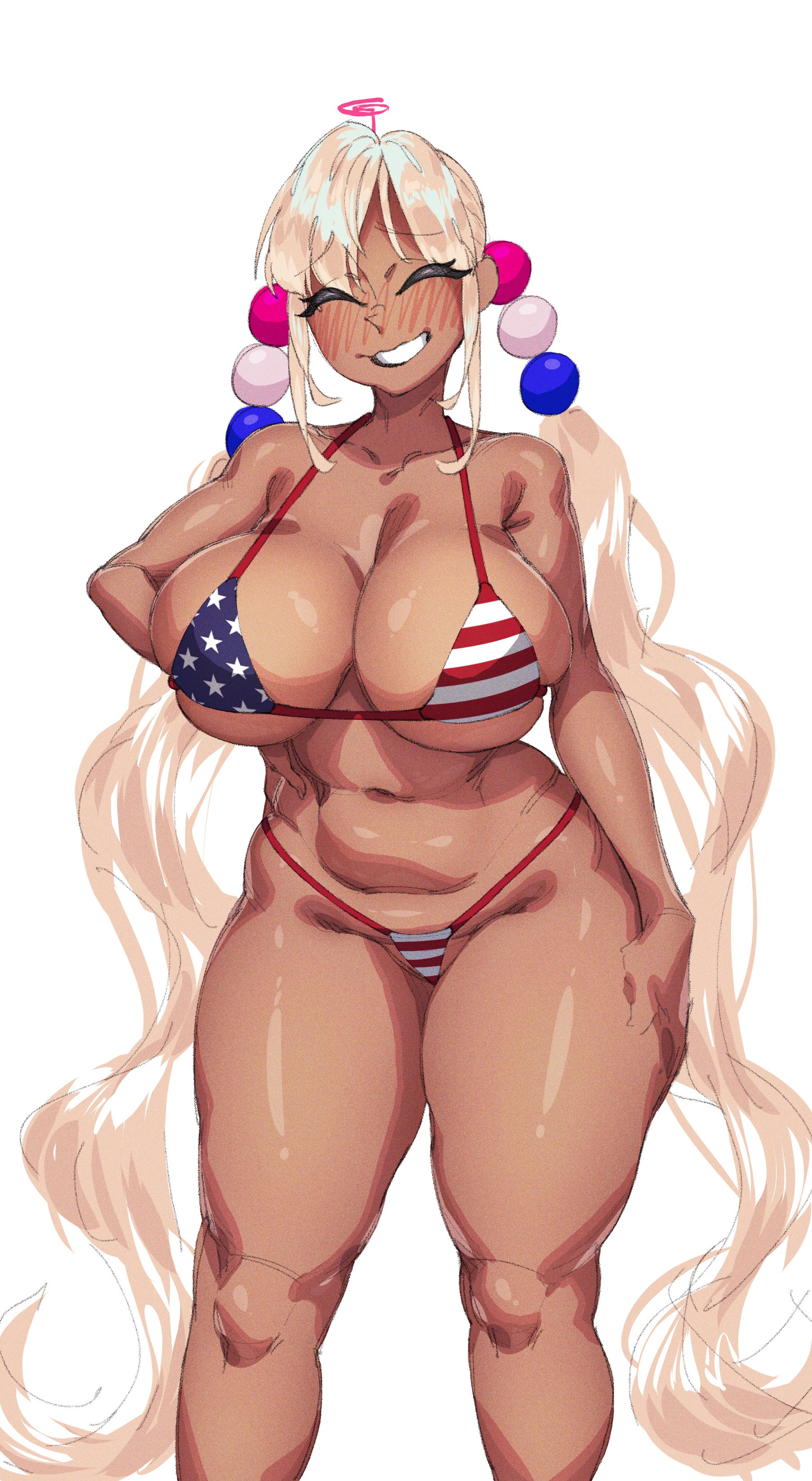 1girls, american flag bikini, bikini, blonde hair, breasts, brown skin, cleavage, dark skin, dark-skinned female, female, gyaru, hi res, hololive, hololive english, hololive english -council-, large breasts, long hair, makinakid, thick thighs, tsukumo sana, twintails, virtual youtuber