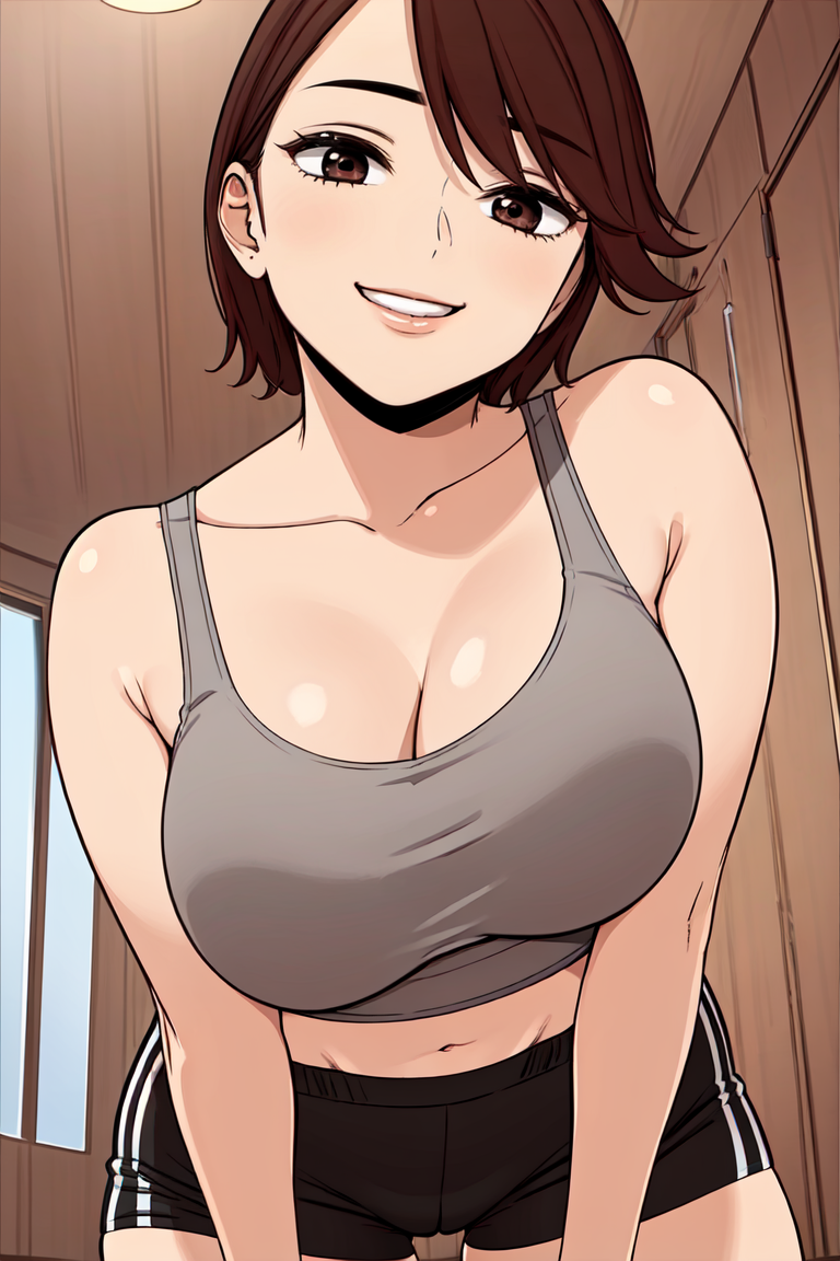 1girls ai_generated bare_shoulders beautiful_gunbari belly big_breasts breasts brown_eyes brown_hair busty dolphin_shorts female fully_clothed gym_clothes gym_uniform looking_at_viewer melon melons midriff milf original pov pov_eye_contact seductive seductive_eyes seductive_look seductive_smile short_hair shorts smile stable_diffusion tank_top