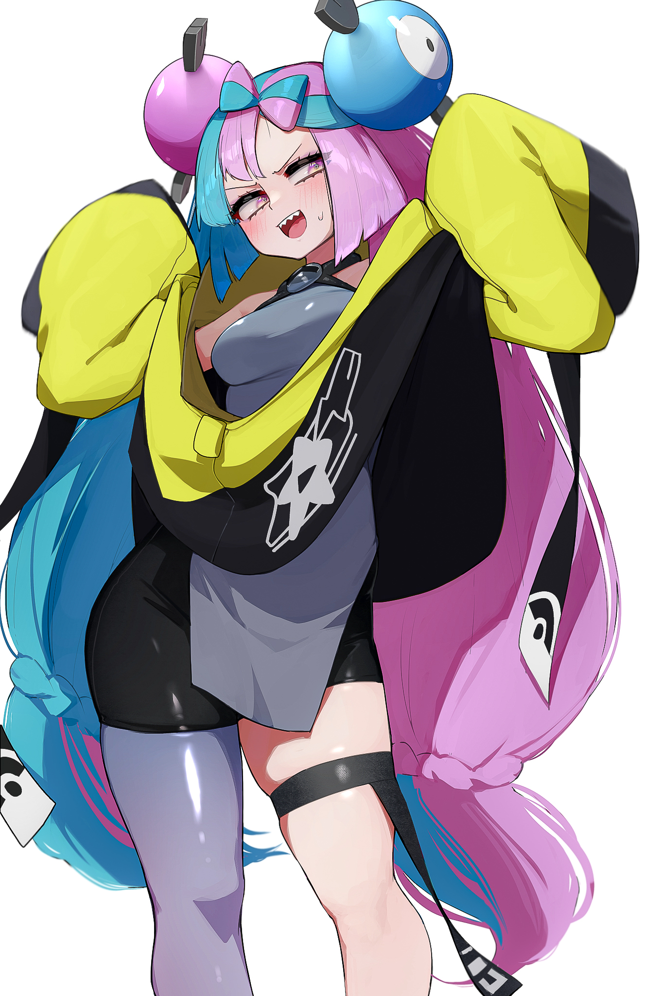 1girls, alternate breast size, blue hair, breasts, clothed, female, hair ornament, hizake, iono (pokemon), kashu (hizake), large breasts, light skin, light-skinned female, long hair, long sleeves, nintendo, pink hair, pokemon, pokemon sv, smile, smug, smug face, two-tone hair