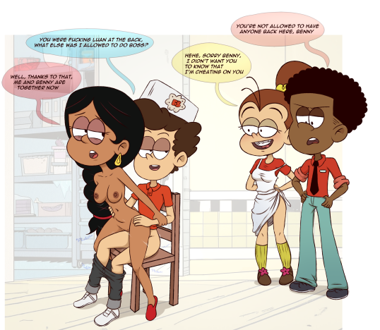 2boys 2girls after_sex andre_(the_loud_house) apron benny_stein black_hair breasts brown_hair chair cheating clothed_female_nude_female clothed_male_nude_female cuckold cuckquean dark-skinned_male dark_skin earrings english_text female getting_dressed human human_only indian indian_female interracial lowres luan_loud male netorare nipples ntr nude open_mouth pants pants_down red_shoes ruby_(the_loud_house) sex sex_on_chair shoes smile speech_bubble standing the_loud_house white_background