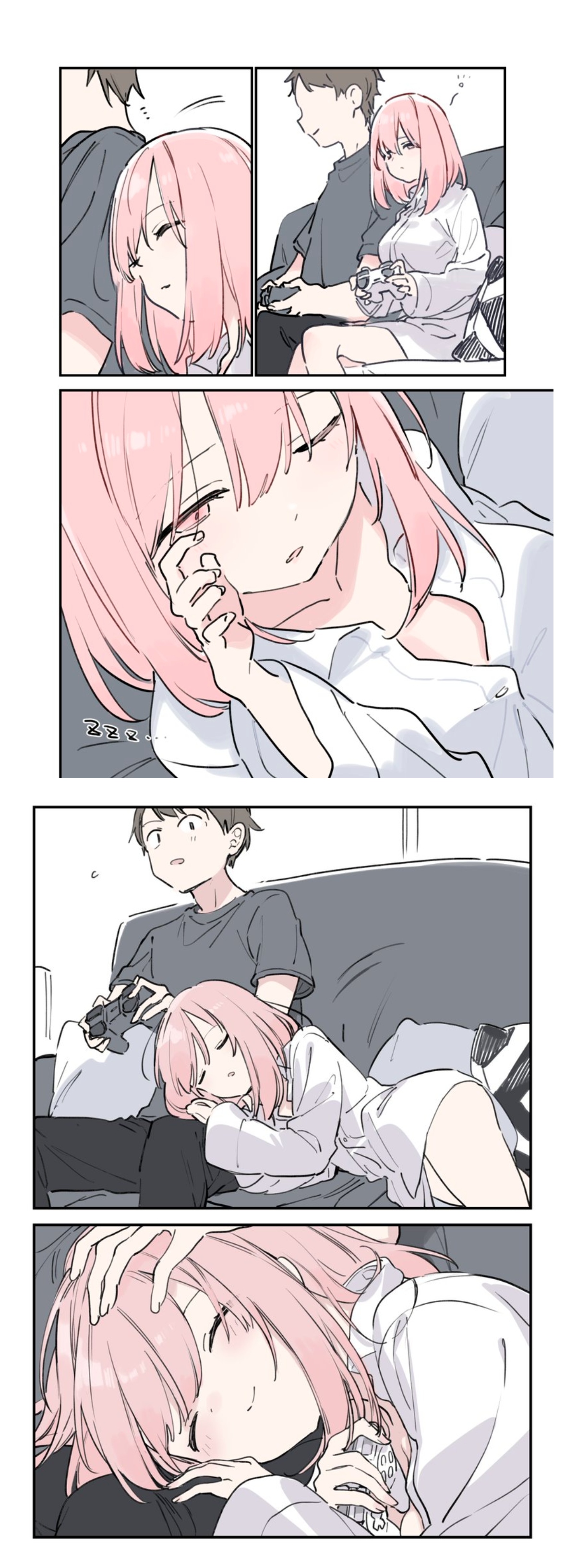 1boy, 1girls, blush, breasts, closed eyes, comic, couple, female, game controller, gaming, happy, head pat, headpat, lap pillow, male, original, original characters, pajamas, petting, pink hair, playing videogame, sleepy, smile, wholesome