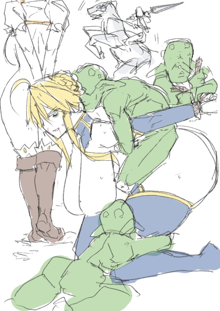 artoria pendragon, artoria pendragon (lancer), big breasts, blonde hair, bondage, breasts, captive, fate (series), fate/grand order, female, fgo servant vs goblin, gangbang, goblin, interspecies, light skin, light-skinned female, male, rape, saber ntrok (artist), size difference, smaller male