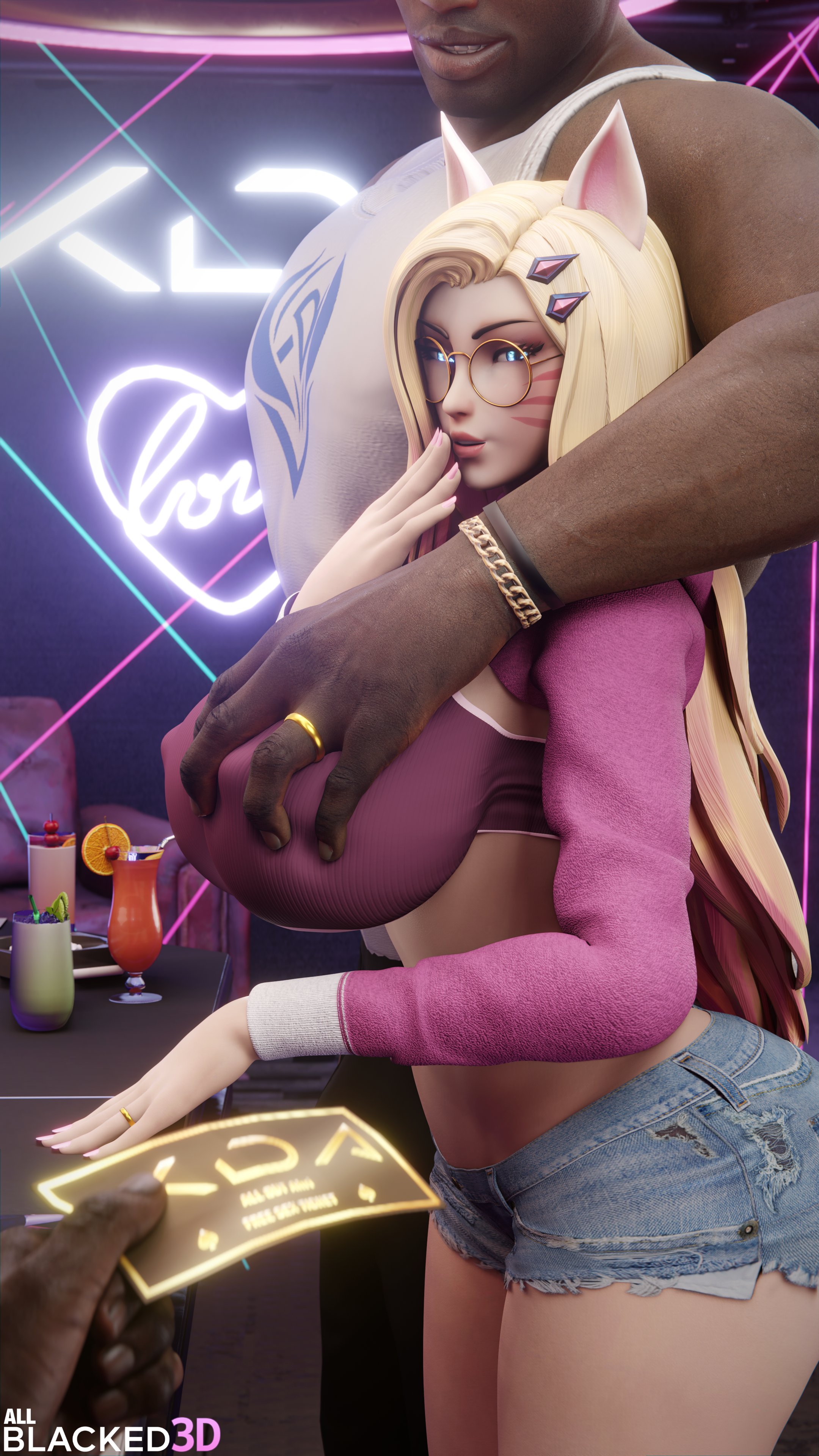 3d, 9 tails, ahri, allblacked3d, blonde hair, breast grab, breasts, dark skin, dark-skinned male, female, fox ears, glasses, huge breasts, imminent sex, interracial, k/da ahri, k/da all out ahri, k/da all out series, k/da series, league of legends, male, multi tail, nine tailed fox, riot games, vastaya, voluptuous