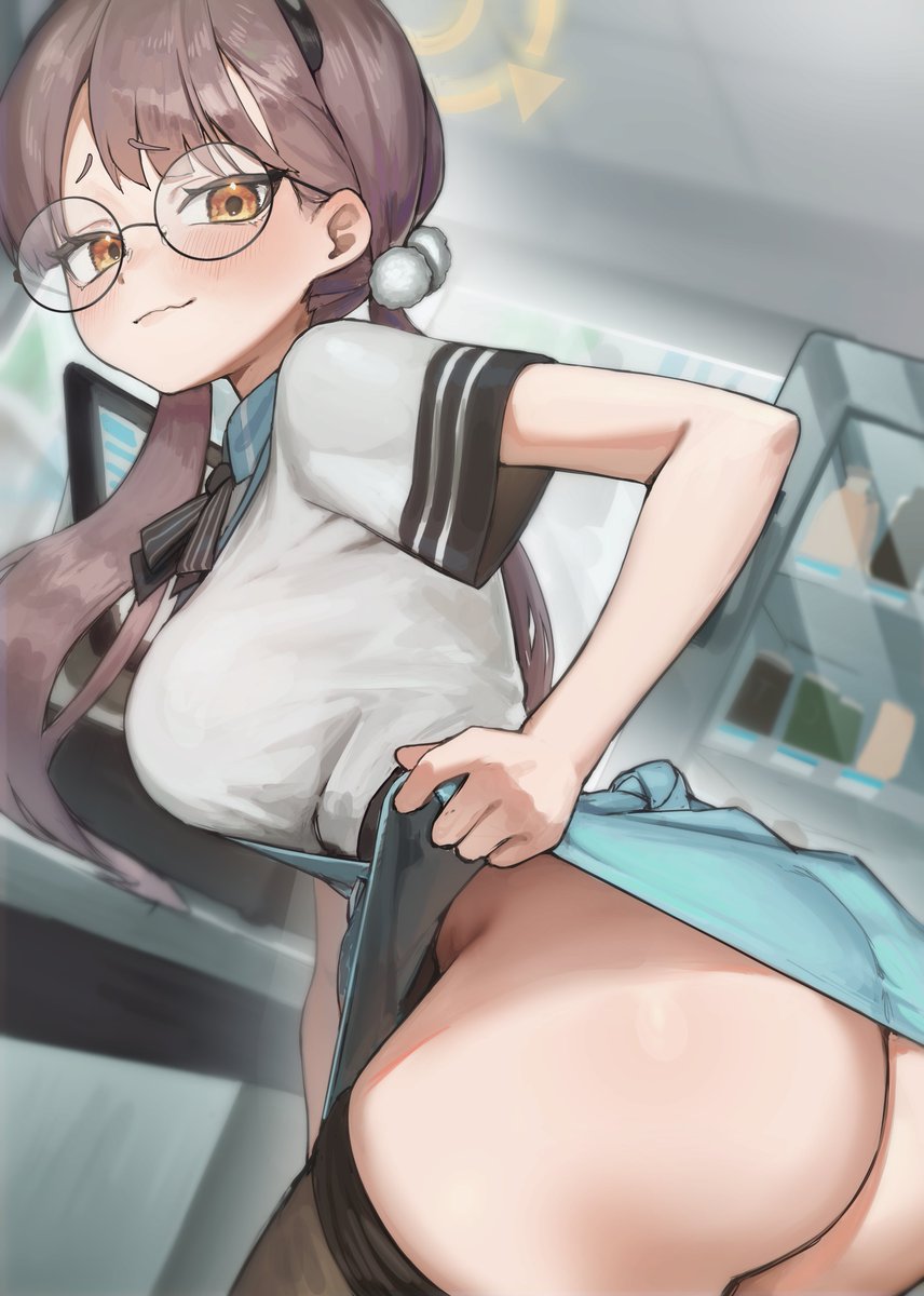 alternate_costume blue_archive blush_lines huge_ass large_breasts legwear moe_(blue_archive) naughty_smile no_panties presenting_ass rabbit_squad_(blue_archive) school_uniform skirt_lift slender_waist srt_special_academy_student