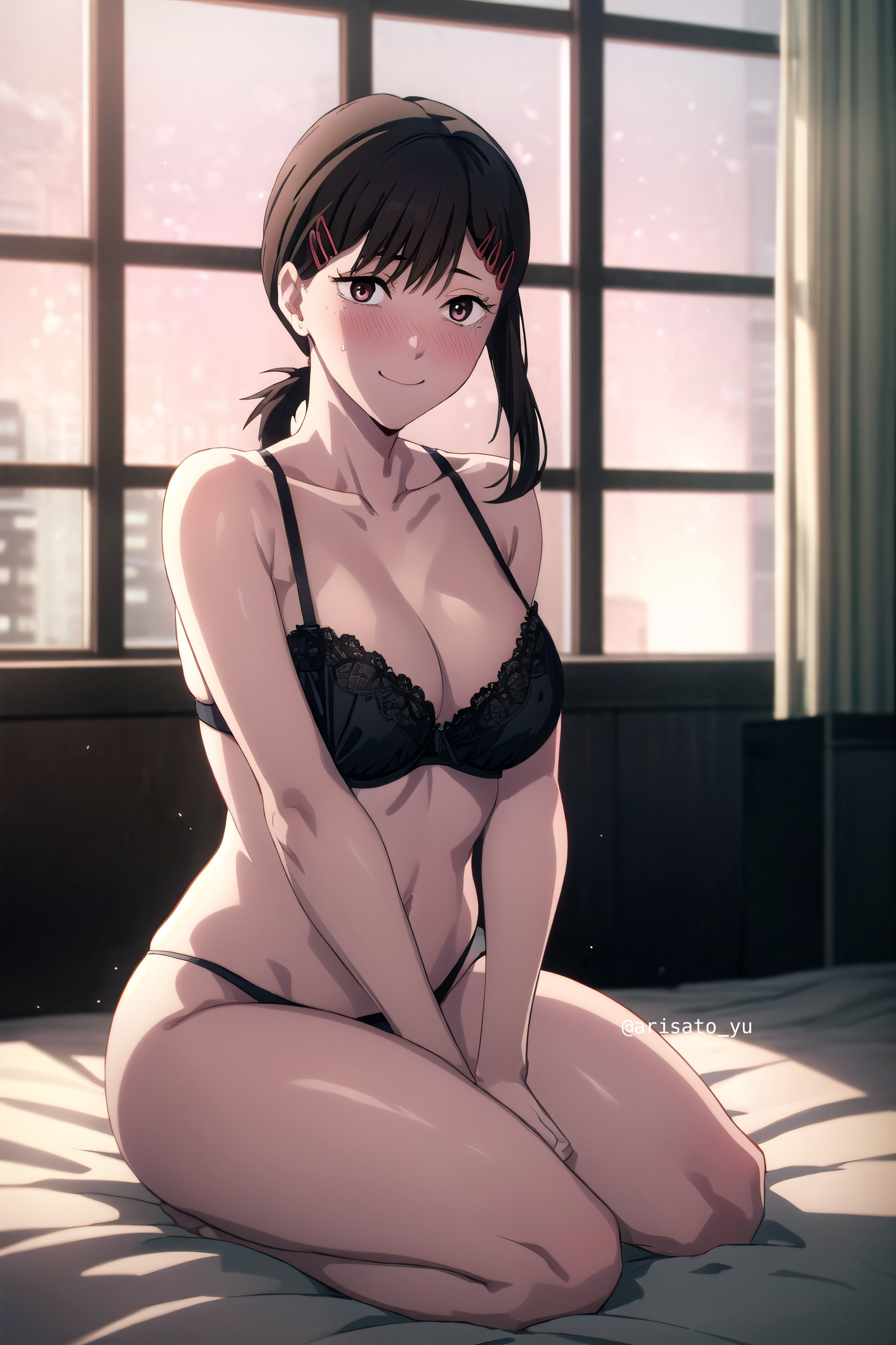1girls, ai generated, arisato yu, black hair, blush, blushing, bra, breasts, chainsaw man, cleavage, female, female only, hi res, higashiyama kobeni, human, imminent sex, lingerie, looking at viewer, nervous, nervous smile, on bed, panties, ponytail, smile, smiling at viewer, solo, stable diffusion, sweatdrop, thighs, underwear, window