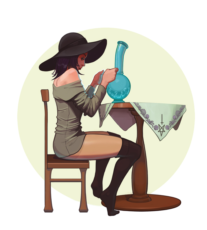 bare_shoulders black_kneesocks bong dark_hair female getting_high glooh kneesocks large_hat marijuana marijuana_pipe pentagram short_dress sitting_at_table smoking_weed waterpipe