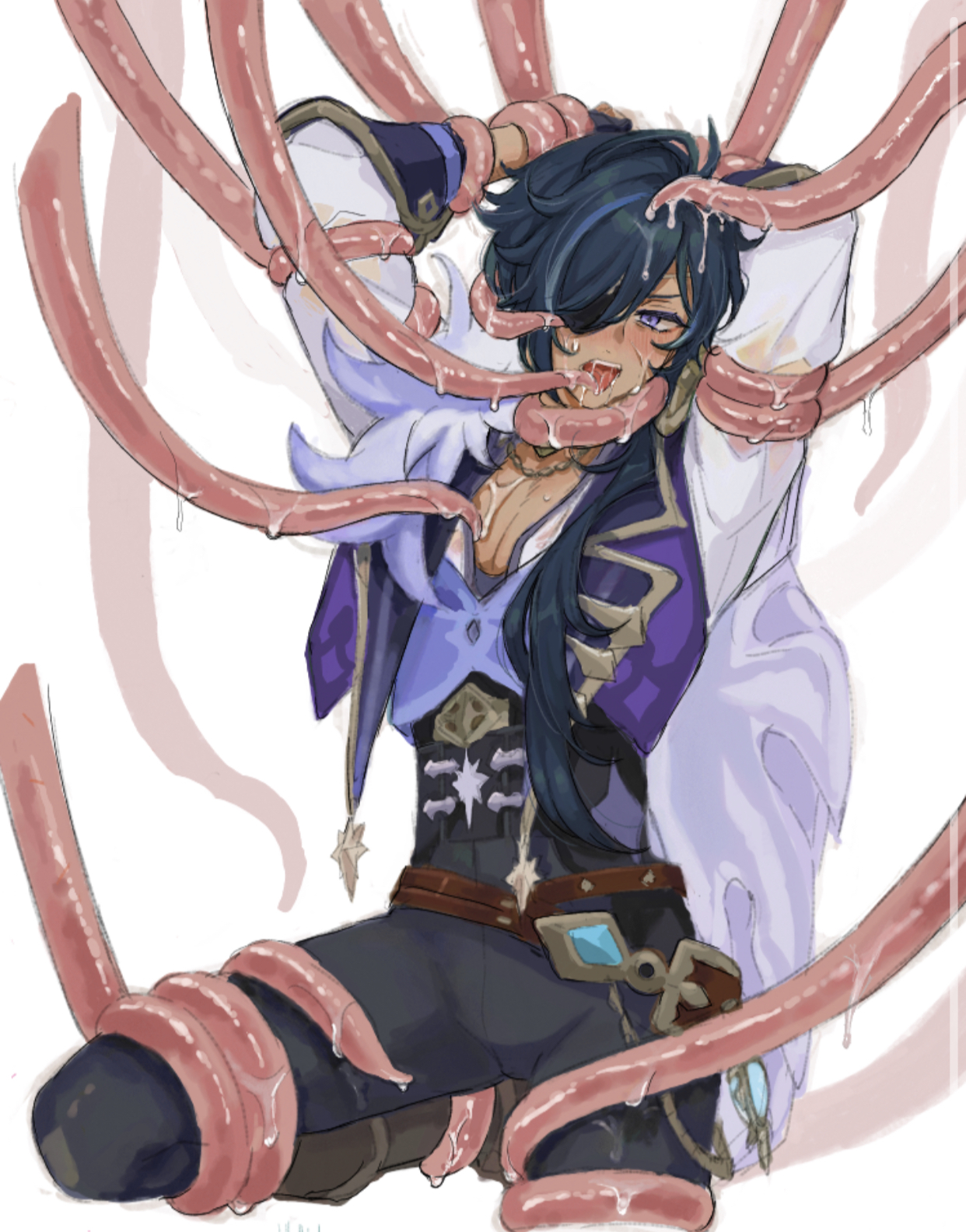 1boy, artist request, blush, breasts, breasts out, disgusted, drool, drooling, forced, genshin impact, hands behind back, hands behind head, holding leg, kaeya (genshin impact), male, male only, male rape victim, monster rape, open shirt, rape, small waist, star shaped pupils, tentacle, tentacle on male, tied up, tongue, tongue out, wet, wet body, wet clothes