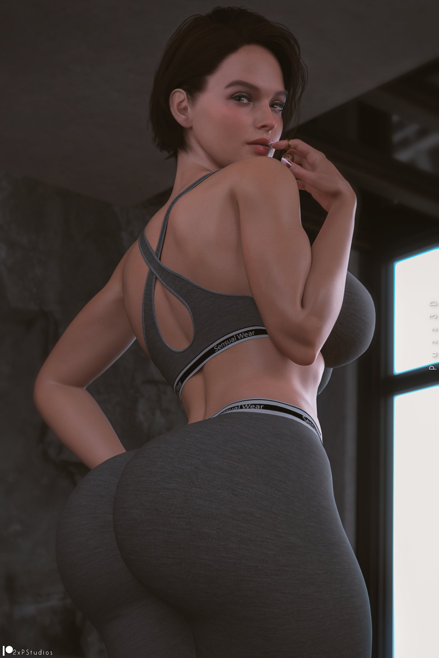 1girls, 2xp studios, 3d, ass, back view, big ass, blue eyes, breasts, brown hair, capcom, female, female only, fully clothed, jill valentine, leggings, puzz3d, resident evil, short hair, sideboob, solo, sports bra, tight clothing, tight pants, yoga pants