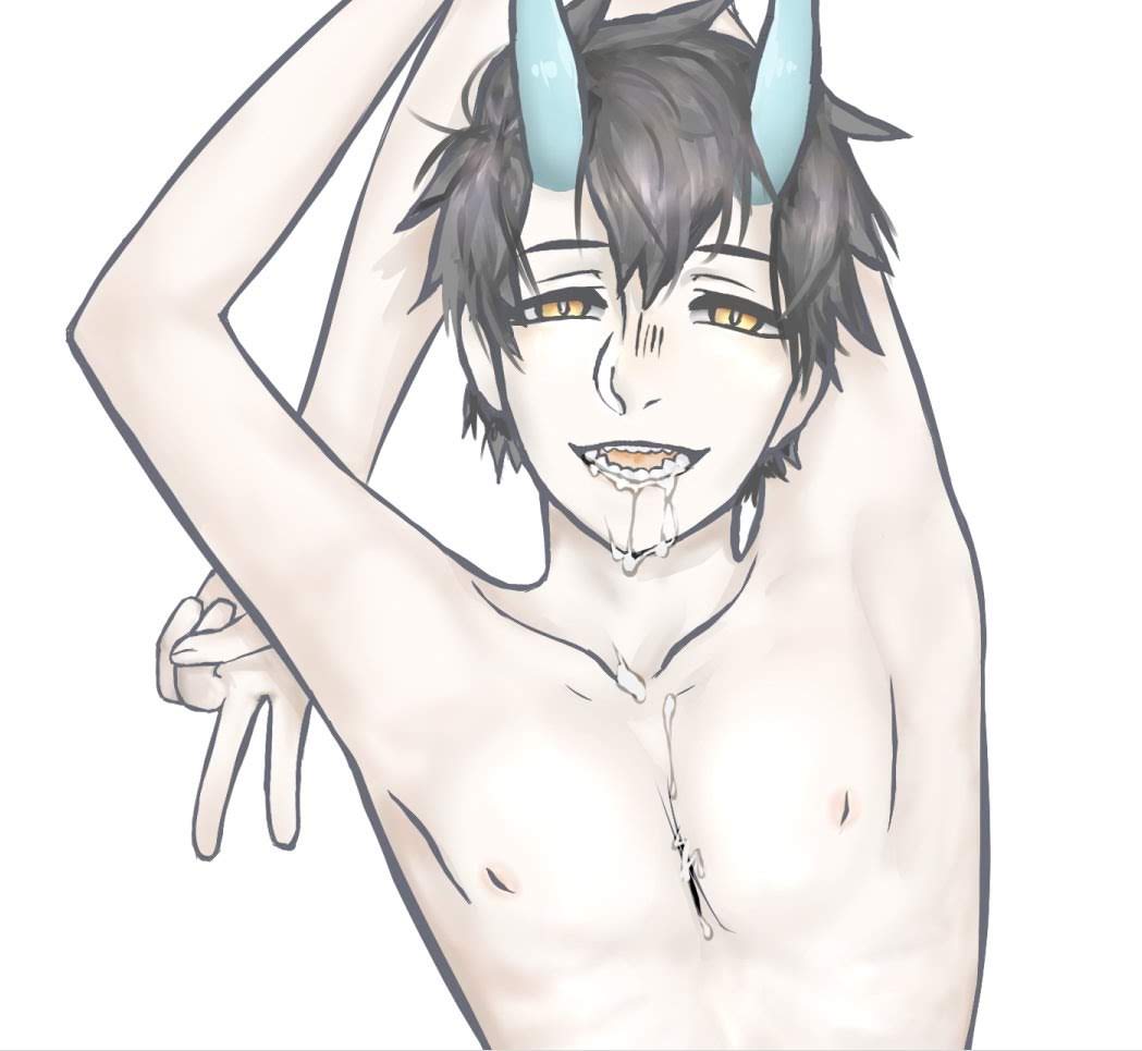 1boy ahe_gao ahe_gao bedroom_eyes black_hair blue_horn cum cum_drip cum_dripping cum_dripping_from_mouth cum_in_mouth cum_on_chest cum_on_upper_body dragon ejaculation gay horn horns male male_only masochist naked nipples nude pose seikiri_borealis sharp_teeth slim slim_male smile submissive submissive_male twink utau utauloid yaoi yellow_eyes