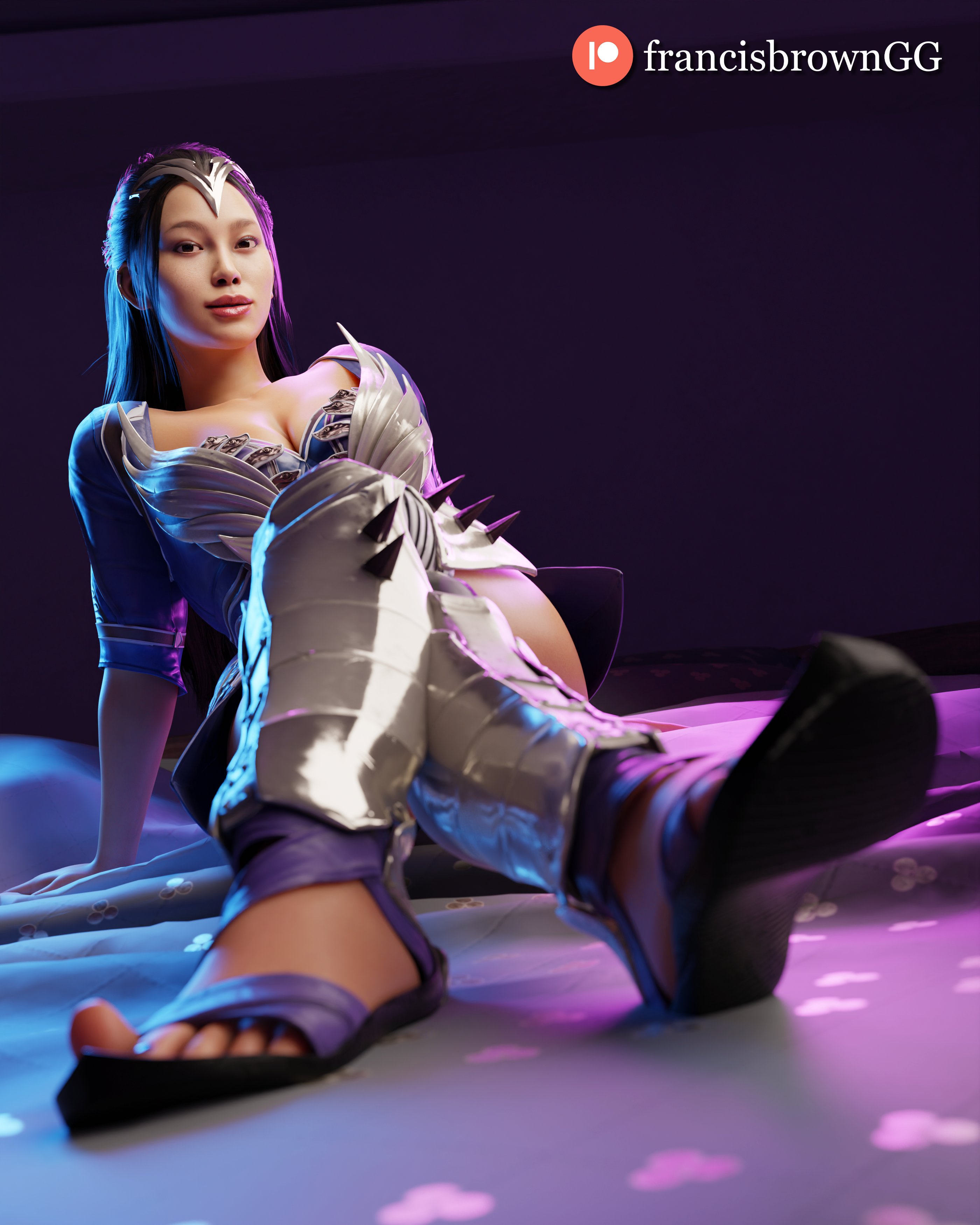 1girls, 3d, asian female, black hair, cleavage, cute, edenian, feet, female, female only, francis brown, fully clothed, headgear, kitana, kitana (new era), legs crossed, mortal kombat, mortal kombat 1 (2023), naughty smile, sandals, sitting, sitting on floor, solo
