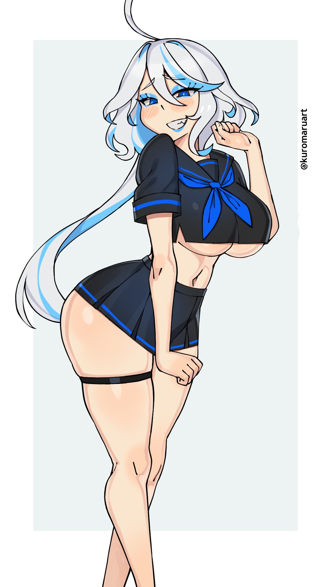 blush, breasts, female, furina (genshin impact), genshin impact, kuromaruart, large breasts, lipstick, miniskirt, no bra, school uniform, seductive smile, skimpy clothes, skindentation, underboob