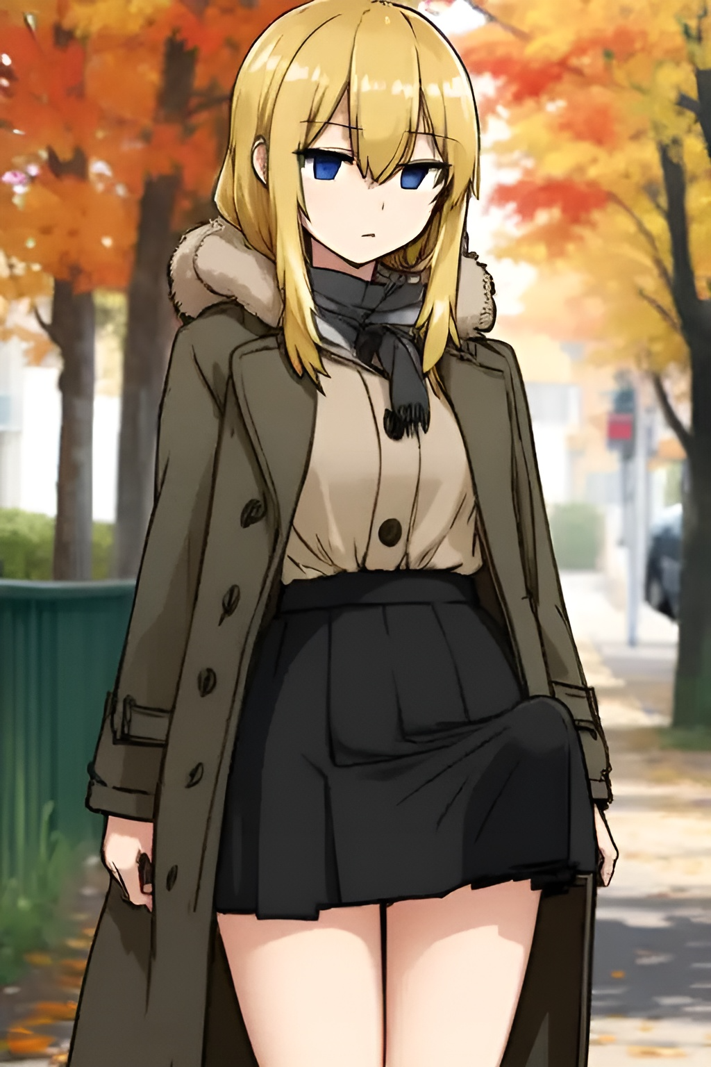 ai generated, autumn, blonde hair, blue eyes, bulge, coat, erection, erection under clothes, erection under skirt, futa only, futanari, intersex, looking at penis, outdoors, penis, penis under clothes, penis under skirt, skirt