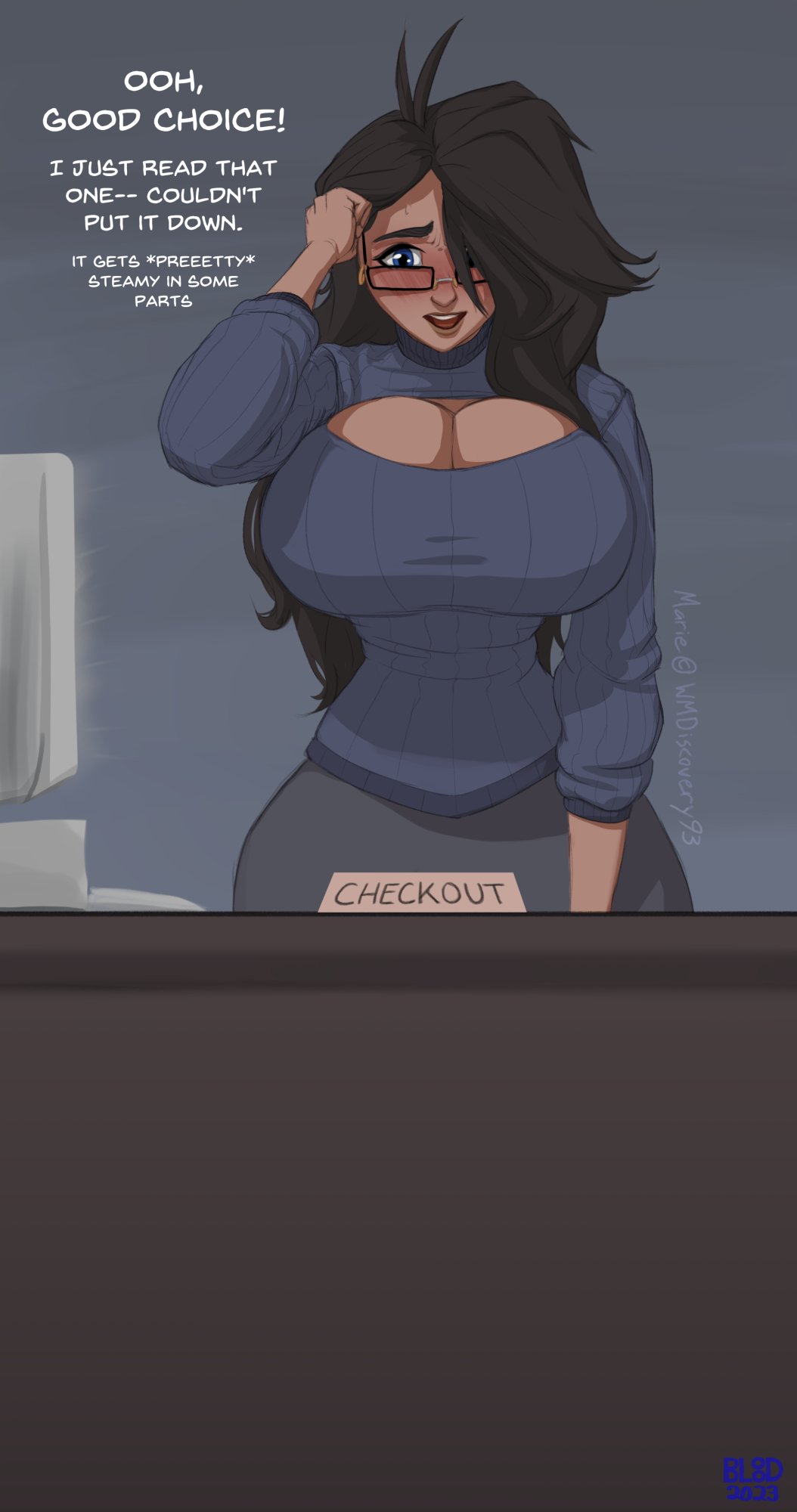 behind_desk big_breasts black_hair blue_eyes bluebl8d blush breasts busty child_bearing_hips cleavage dark-skinned_female dark-skinned_futanari dark_hair dark_skin desk english_text glasses hand_in_hair hips horny horny_futa hourglass_figure huge_breasts large_breasts librarian library marie_(wmdiscovery93) nerd nerdy nerdy_female oc original original_character revealing_clothes text thin_waist wide_hips wmdiscovery93