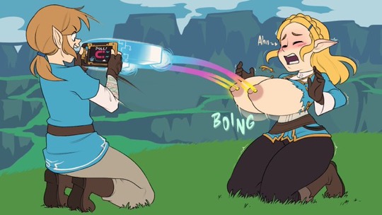 1boy 1girls a-gal agal1502 blonde_hair blush blush_lines breast_pull breasts breasts_out breath_of_the_wild detailed_background female hylian hylian_ears link link_(breath_of_the_wild) magnesis_rune magnet male nipple_piercing nipples piercing princess_zelda pulling_breasts ripped_clothing the_legend_of_zelda zelda_(breath_of_the_wild)