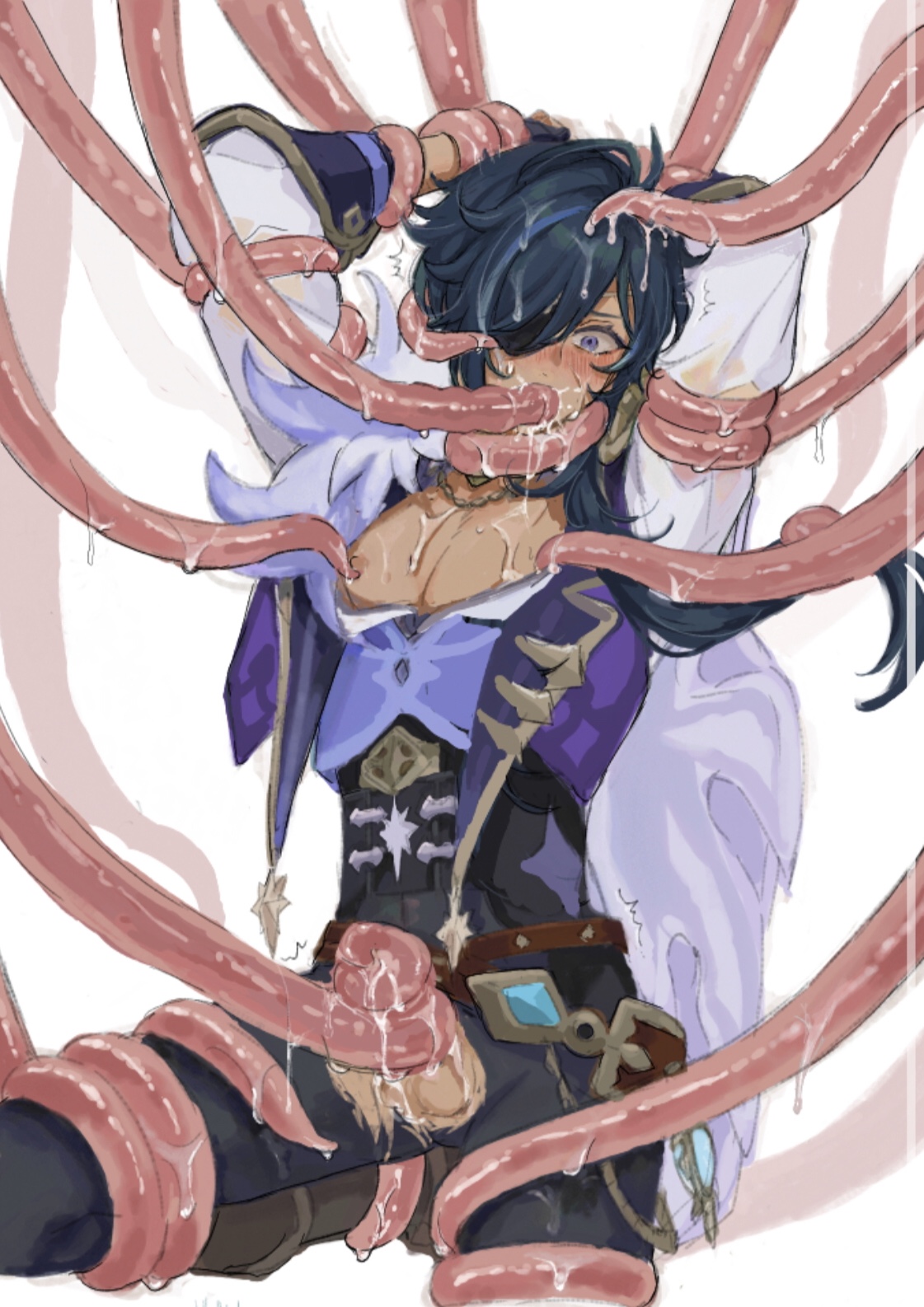 1boy, artist request, blush, breasts, breasts out, cum, cum in mouth, cum on body, cum on face, cum on hair, disgusted, drool, drooling, forced, genshin impact, hands behind back, hands behind head, holding leg, kaeya (genshin impact), male, male only, male rape victim, monster rape, nipples, open shirt, rape, ripped clothing, shocked expression, small waist, star shaped pupils, stroking, tentacle, tentacle in mouth, tentacle on male, tentacle sex, tied up, touching breast, touching nipples, wet, wet body, wet clothes