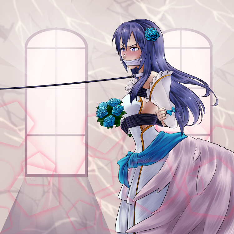 1girls alternate_costume arms_tied_behind_back back backless_outfit bare_back blue_eyes blue_hair bondage bouquet breasts bridal_gauntlets bride collar dress female fire_emblem fire_emblem_awakening fire_emblem_warriors flowers forced forced_marriage gag gagged hairband leash long_hair lucina_(fire_emblem) medium_breasts nintendo official_alternate_costume otunodulp over_the_mouth_gag rope rope_bondage wedding_dress white_dress window