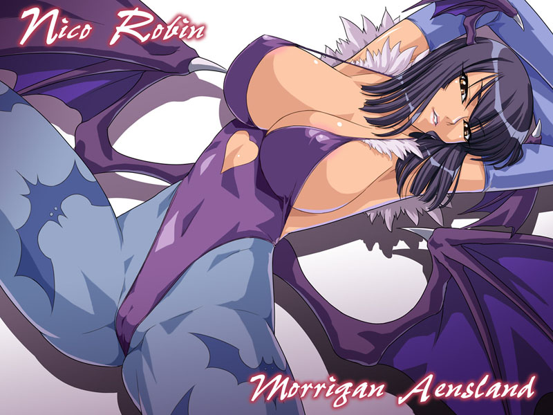 1girls armpits arms_up bat_wings black_hair breasts cameltoe capcom character_name cleavage clothing cosplay crossover dark-skinned_female darkstalkers elbow_gloves female female_only fit_female gloves head_tilt head_wings heart highleg hourglass_figure huge_breasts kagami kagami_hirotaka large_breasts lipstick makeup mature_female morrigan_aensland morrigan_aensland_(cosplay) nico_robin one_piece pantyhose pre-timeskip short_hair sideboob slim_waist smile solo spread_legs thick_thighs tights wide_hips wings yellow_eyes