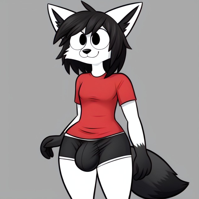 ai_generated anthro big_bulge big_eyes black_boxers black_hair black_tail bulge bulge_through_clothing fox fox_boy fox_tail foxboy frosting.ai red_shirt smile solo_male white_fur