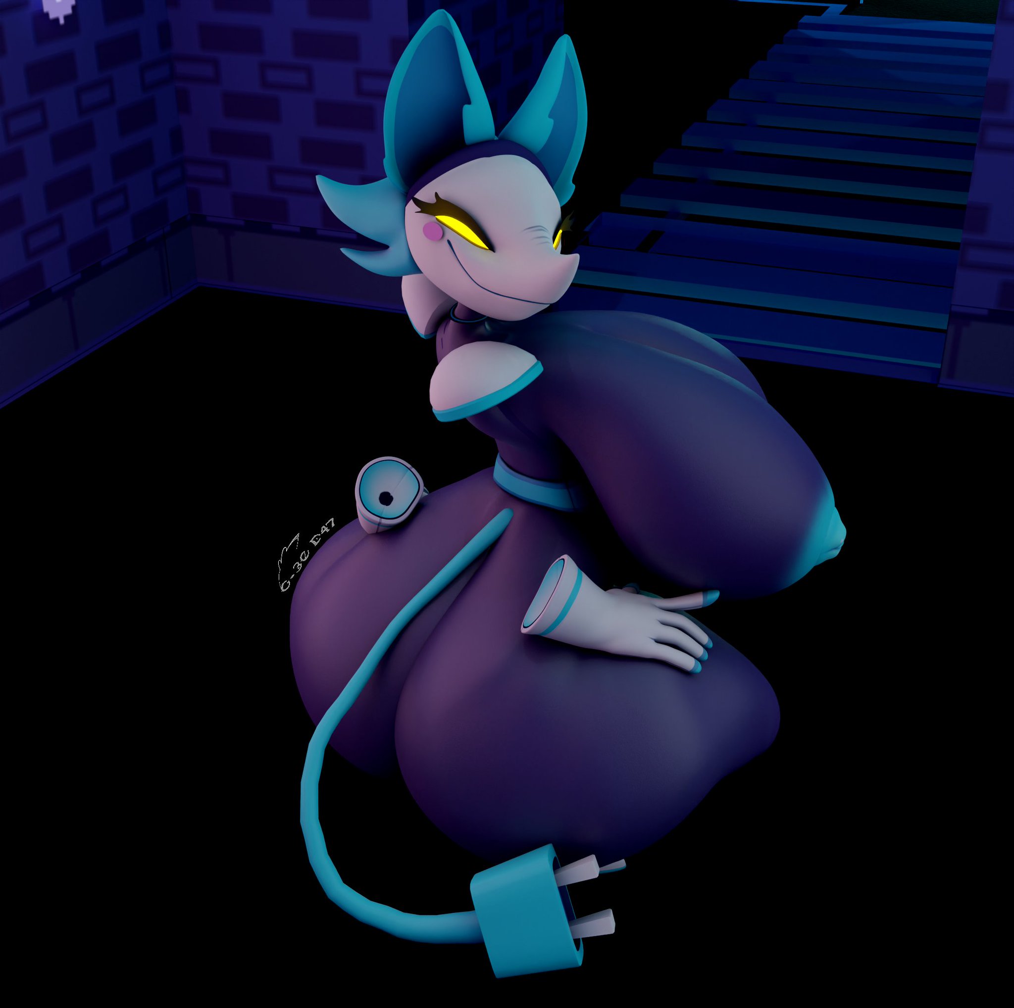 1girls, 3d, 3d (artwork), anthro, anthro only, ass, big ass, big breasts, blush, blush stickers, breasts, deltarune, disembodied hand, disembodied limb, female, furry, geodat64, huge ass, huge breasts, hyper, hyper ass, hyper breasts, looking at viewer, looking back, robot, robot girl, solo, solo female, tagme, tail, tasque manager (cryptiacurves), tasque manager (deltarune), yellow eyes