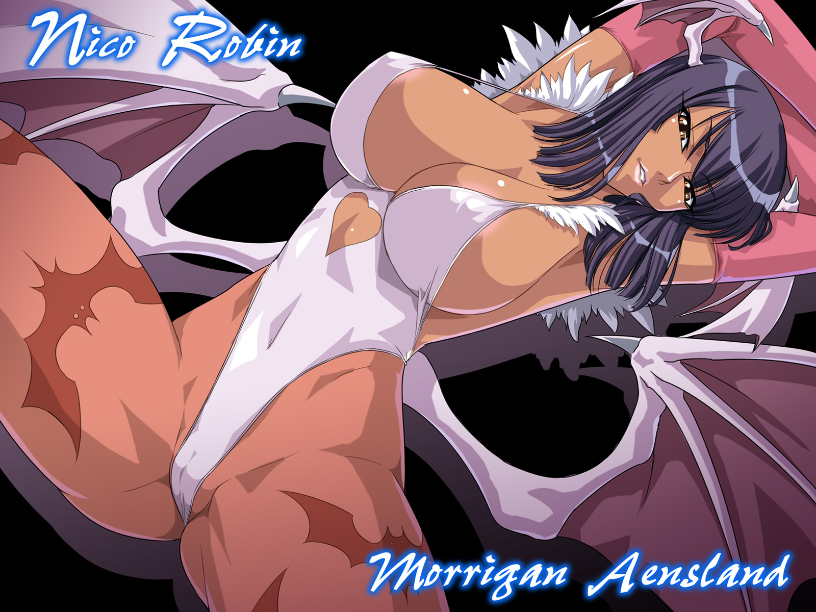 1girls, armpits, arms up, bat wings, black hair, breasts, cameltoe, capcom, character name, cleavage, clothing, cosplay, crossover, dark skin, dark-skinned female, darkstalkers, elbow gloves, female, female only, fit, fit female, gloves, head tilt, head wings, heart, highleg, hourglass figure, huge breasts, kagami, kagami hirotaka, large breasts, lipstick, makeup, mature female, morrigan aensland, morrigan aensland (cosplay), nico robin, one piece, pantyhose, pre-timeskip, pussy, short hair, sideboob, slim waist, smile, solo, spread legs, thick thighs, tights, wide hips, wings, yellow eyes