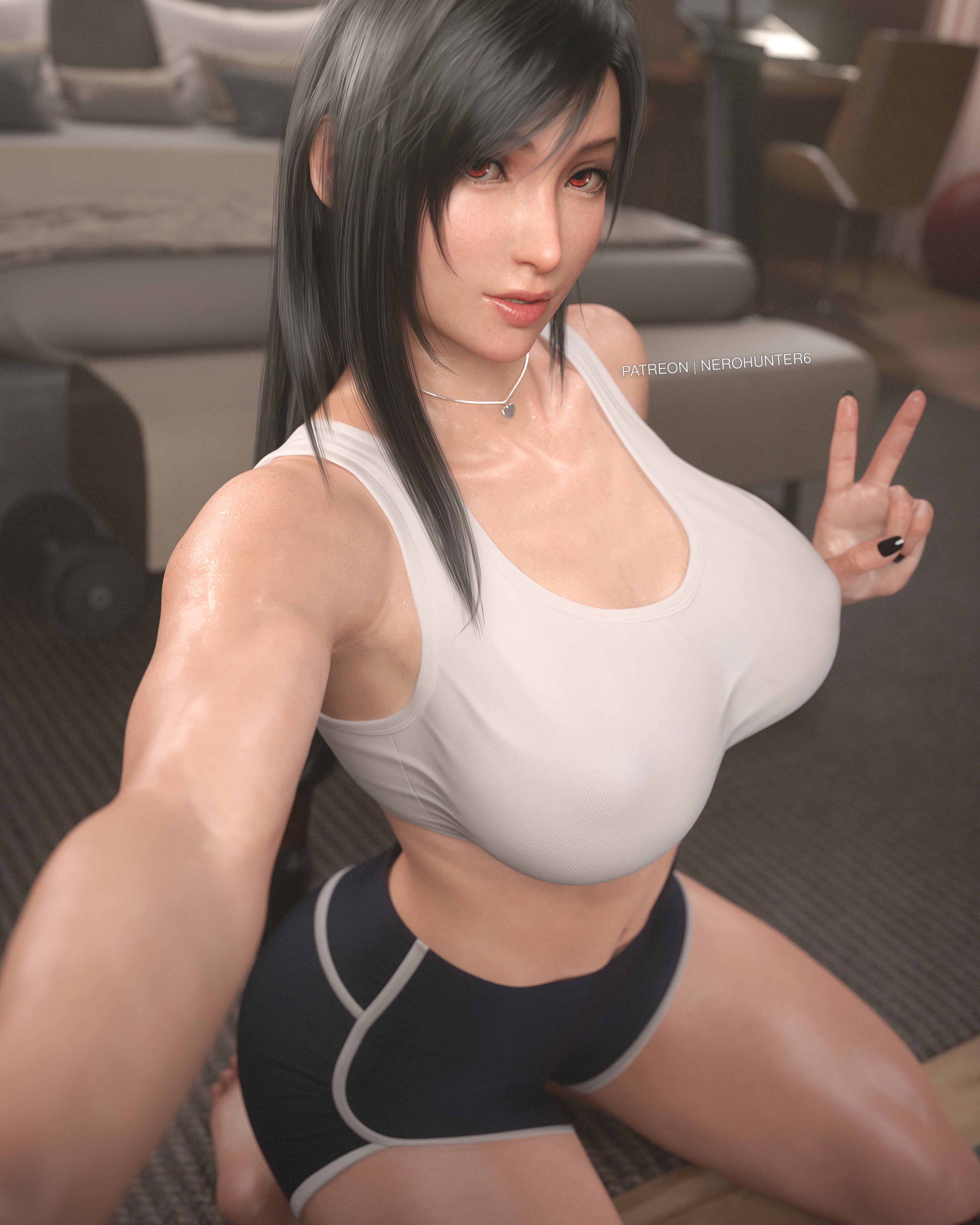 1girls, 3d, abs, absurdres, ass, big ass, big breasts, black hair, black nail polish, black nails, bra, breasts, earrings, female, female only, final fantasy, final fantasy vii, final fantasy vii remake, fit, fit female, fully clothed, gym, hard nipples, highres, huge breasts, lingerie, long hair, nail polish, nerohunter6, realistic, red eyes, selfie, shiny clothes, short shorts, shorts, solo, sports bra, square enix, thick thighs, tifa lockhart, toned, toned female, voluptuous, voluptuous female
