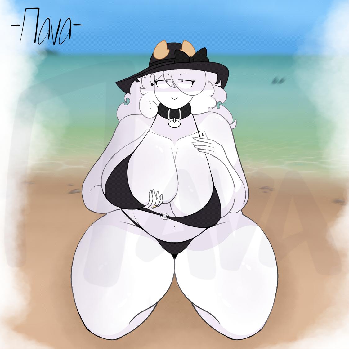 1girls, ass, beach, big breasts, big thighs, big tits, bikini, breasts, chubby, collar, curvy, curvy body, curvy female, curvy figure, curvy hips, curvy thighs, female, hat, huge ass, huge breasts, kay (srnava), large breasts, looking at viewer, mature female, milf, mother, oc, plump, pov, ring, slightly chubby, solo female, srnava, thighs, voluptuous, wide hips