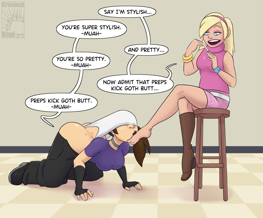 2girls all_fours atomic_wedgie bare_arms bare_shoulders blonde_female blonde_hair blonde_hair_female blue_eyes butt_crack checkered_floor criminalkiwi crossed_legs dimples_of_venus feet female_only femdom full_body goth goth_girl indoors kissing_foot nail_file on_floor pink_outfit prep preppy single_boot stool text text_box text_bubble wedgie wedgies white_belt white_panties white_underwear