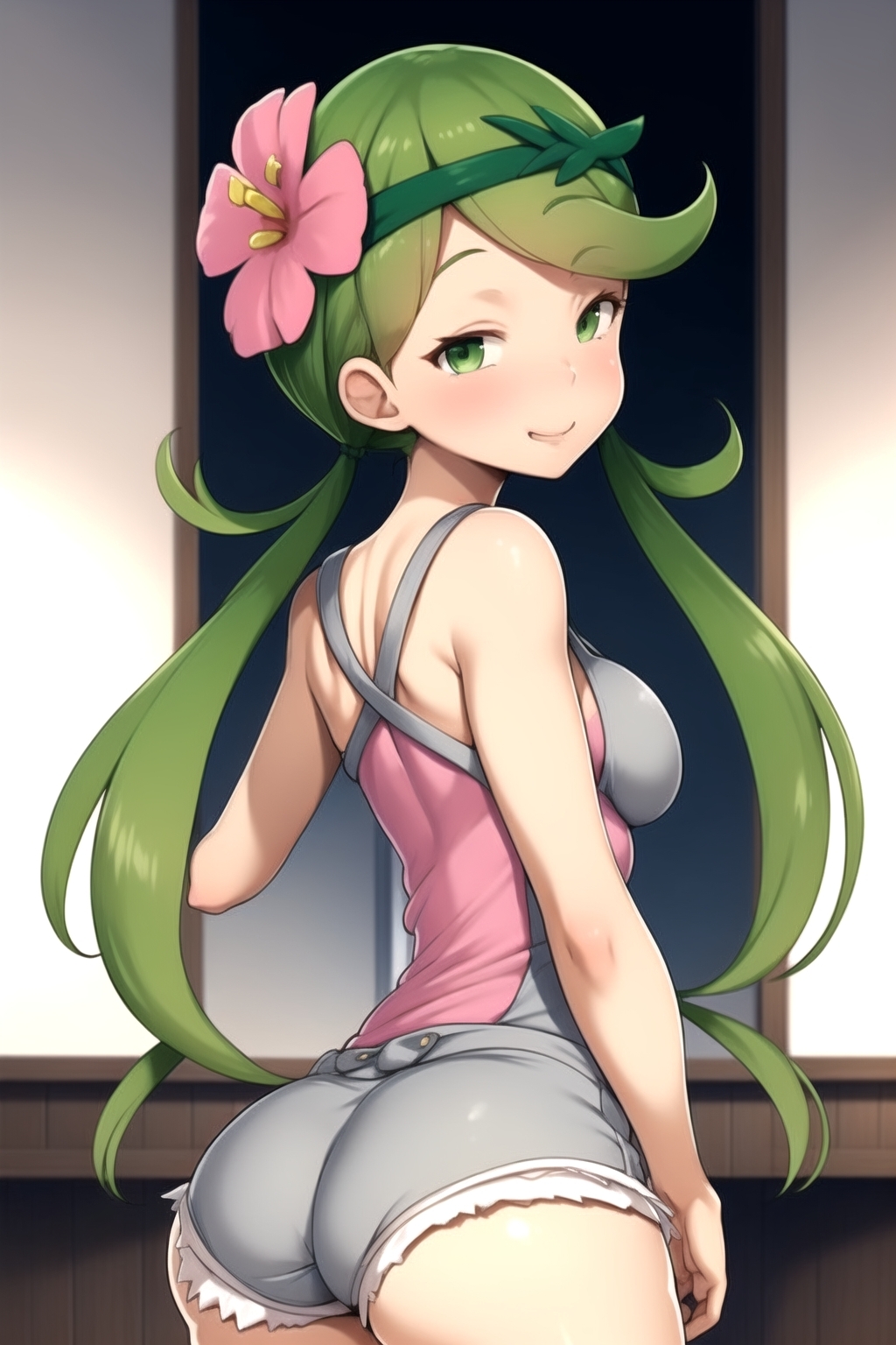 1girls, ai generated, ass, female, green hair, kslgsnb, looking at viewer, mallow (pokemon), petite, petite body, pixai, pokemon, pokemon sm, short shorts, thick ass