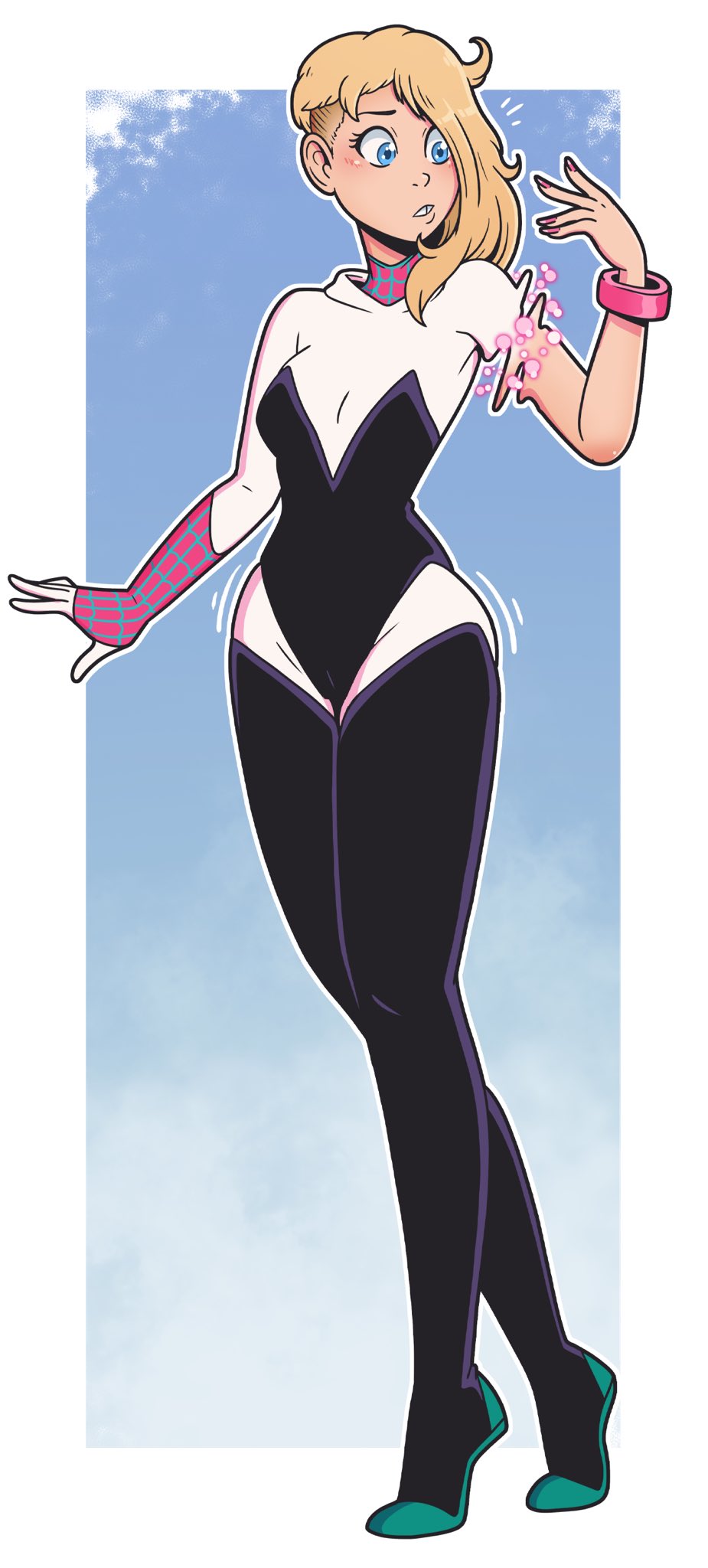1girls, asymmetrical hair, before transformation, blonde hair, female, female only, fully clothed, gwen stacy, marvel, marvel comics, pre-transformation, solo, spider-gwen, spider-man (series), spider-man: into the spider-verse, transformation, wrenzephyr2