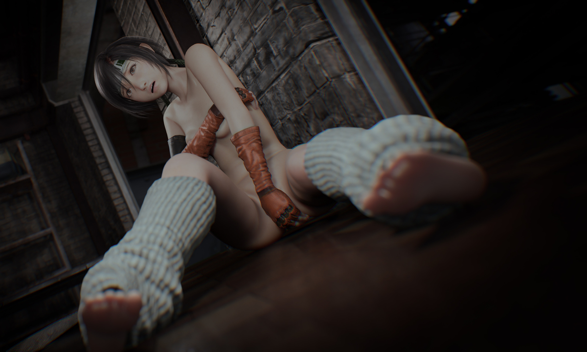 1girls, 3d, barefoot, black hair, breasts, covering, covering breasts, covering crotch, feet, female, female focus, female only, final fantasy, final fantasy vii, final fantasy vii remake, gloves, leg warmers, legs, legwear, nude, nude female, odemdmj, soles, solo, tagme, yuffie kisaragi