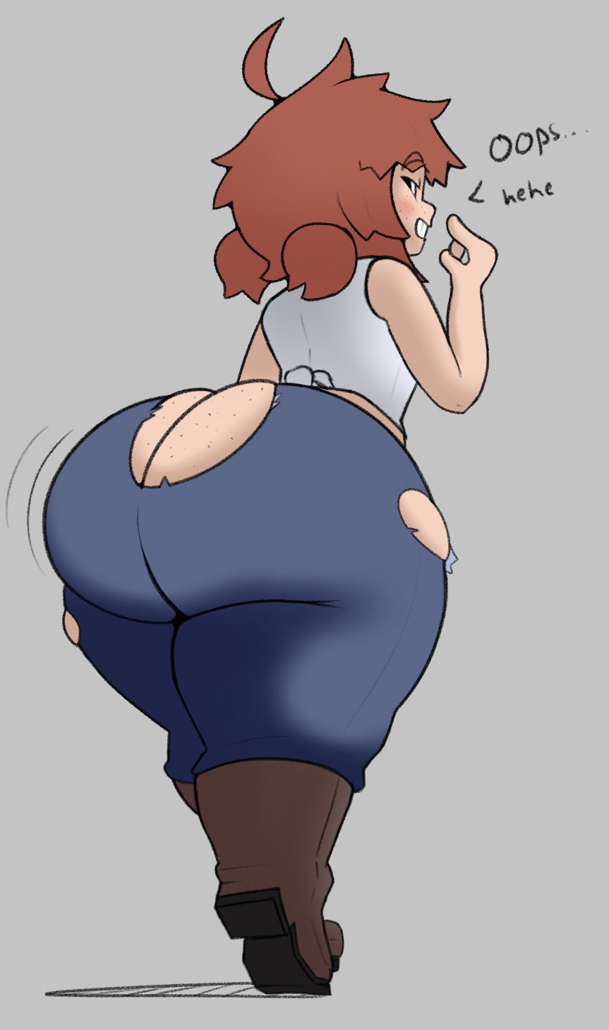 25circle amber_(vammzu) ass_cleavage ass_focus big_ass borrowed_character bottom_heavy brat bratty bubble_butt butt_crack child_bearing_hips dumptruck_ass flat_chest flat_chested huge_ass oc original_character pear-shaped_figure pear_shaped pear_shaped_female red_head shortstack smug smug_face tagme thick_thighs thunder_thighs torn_clothes torn_open_bottoms torn_pants vammzu wide_hips