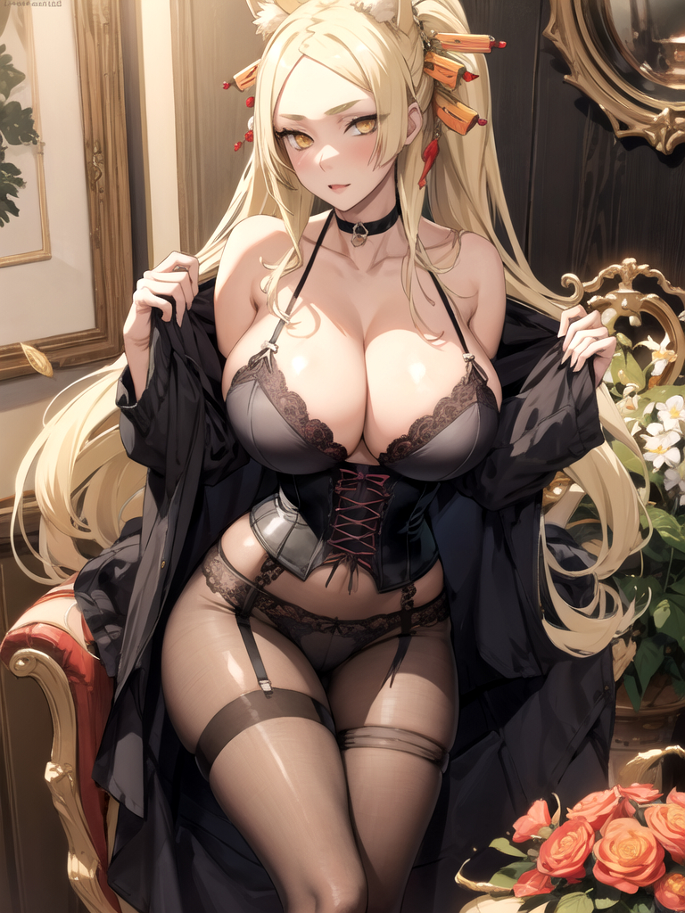 1girls, ai generated, animal ears, bare shoulders, big breasts, blonde hair, blush, breasts, choker, collarbone, corset, female, hair ornament, high school dxd, long hair, looking at viewer, milf, open clothes, pantyhose, sitting, yasaka (high school dxd), yellow eyes
