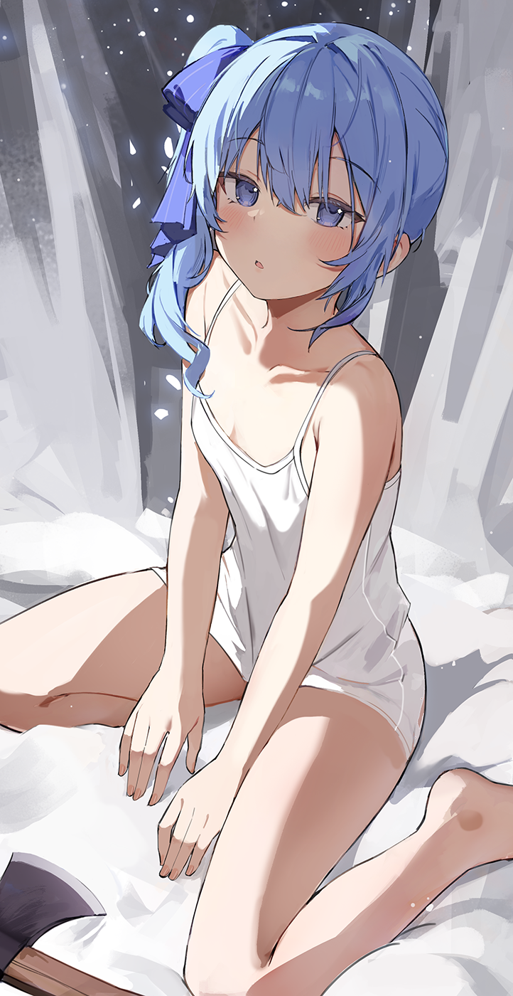 1girls axe bare_legs barefoot blue_eyes blue_hair camisole collarbone commentary flat_chest hair_ribbon hatchet_(axe) high_side_ponytail highres hololive hololive_gen_0 hololive_japan hoshimachi_suisei looking_at_viewer orobou parted_lips ribbon sitting solo virtual_youtuber wariza white_camisole