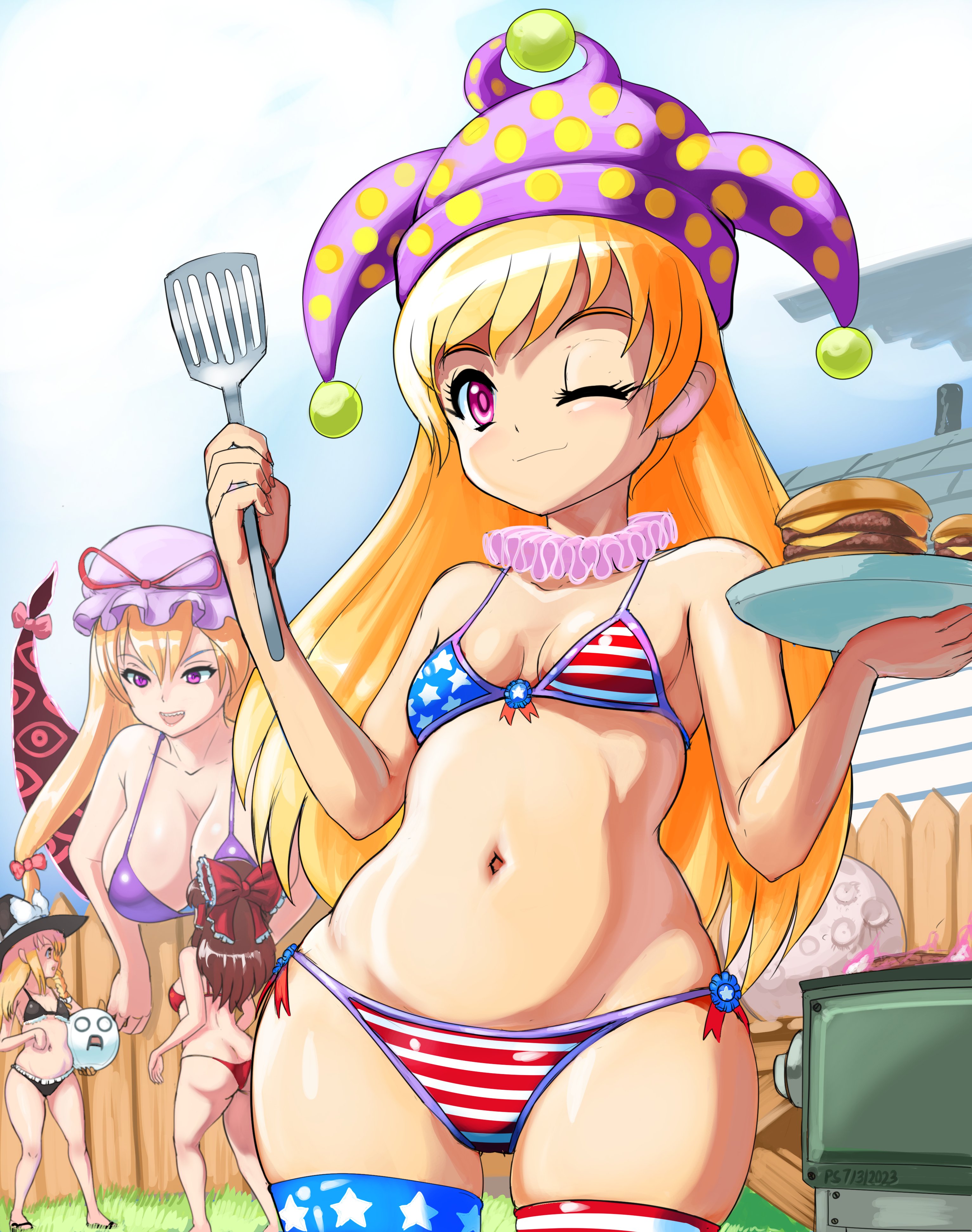 ass, bikini, breasts, clownpiece, female, giantess, hip dips, large ass, large breasts, marisa kirisame, navel, petite breasts, profitshame, reimu hakurei, size difference, smile, thick thighs, thighhighs, touhou, wide hips, yukari yakumo