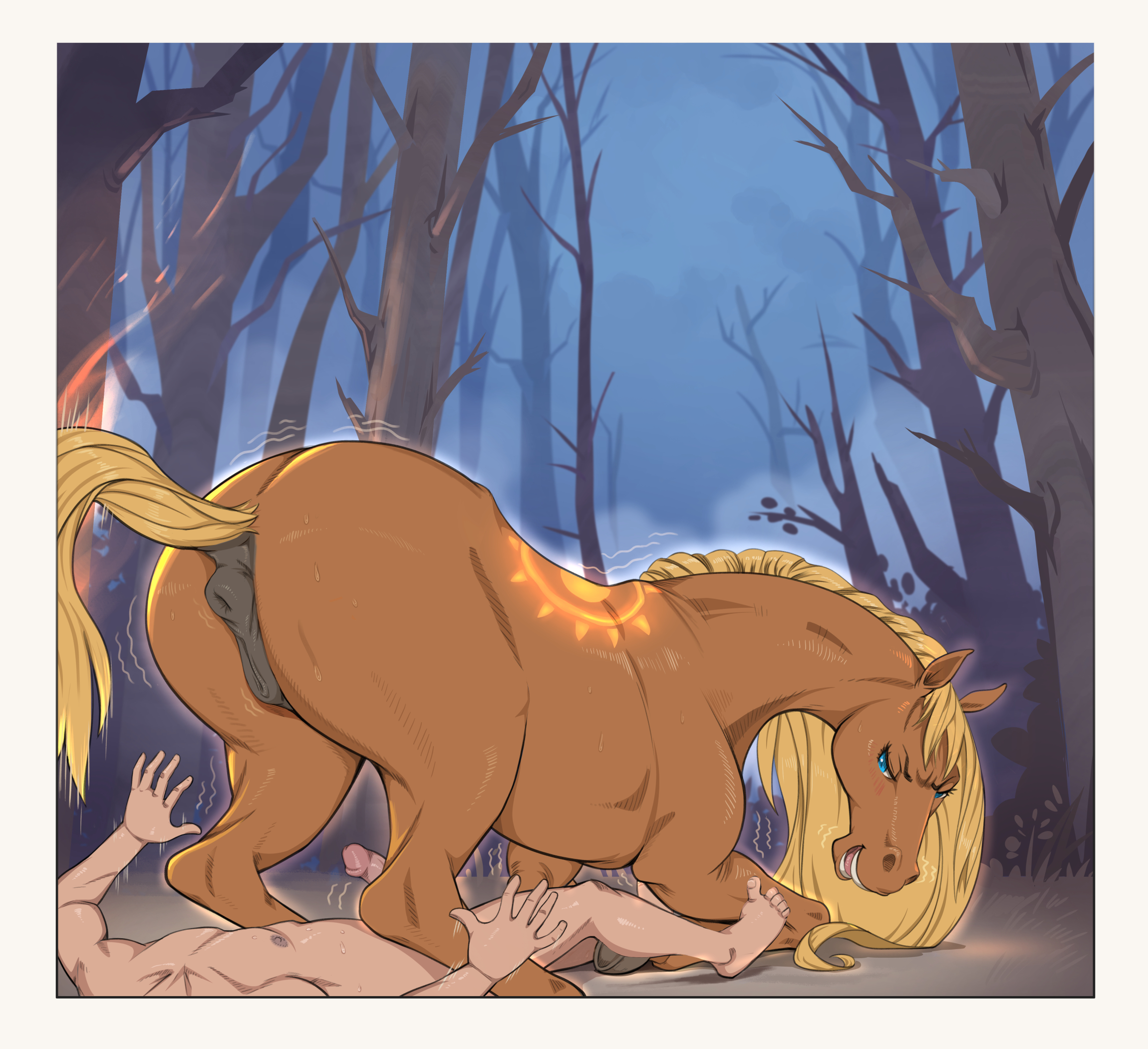 1boy, 1girls, 2023, anus, blue eyes, blush, brown body, equid, equine, equine pussy, female, feral, hooves, interspecies, jotun22, looking at another, looking at partner, male, nipples, penis, pussy, teeth, tongue, zoophilia