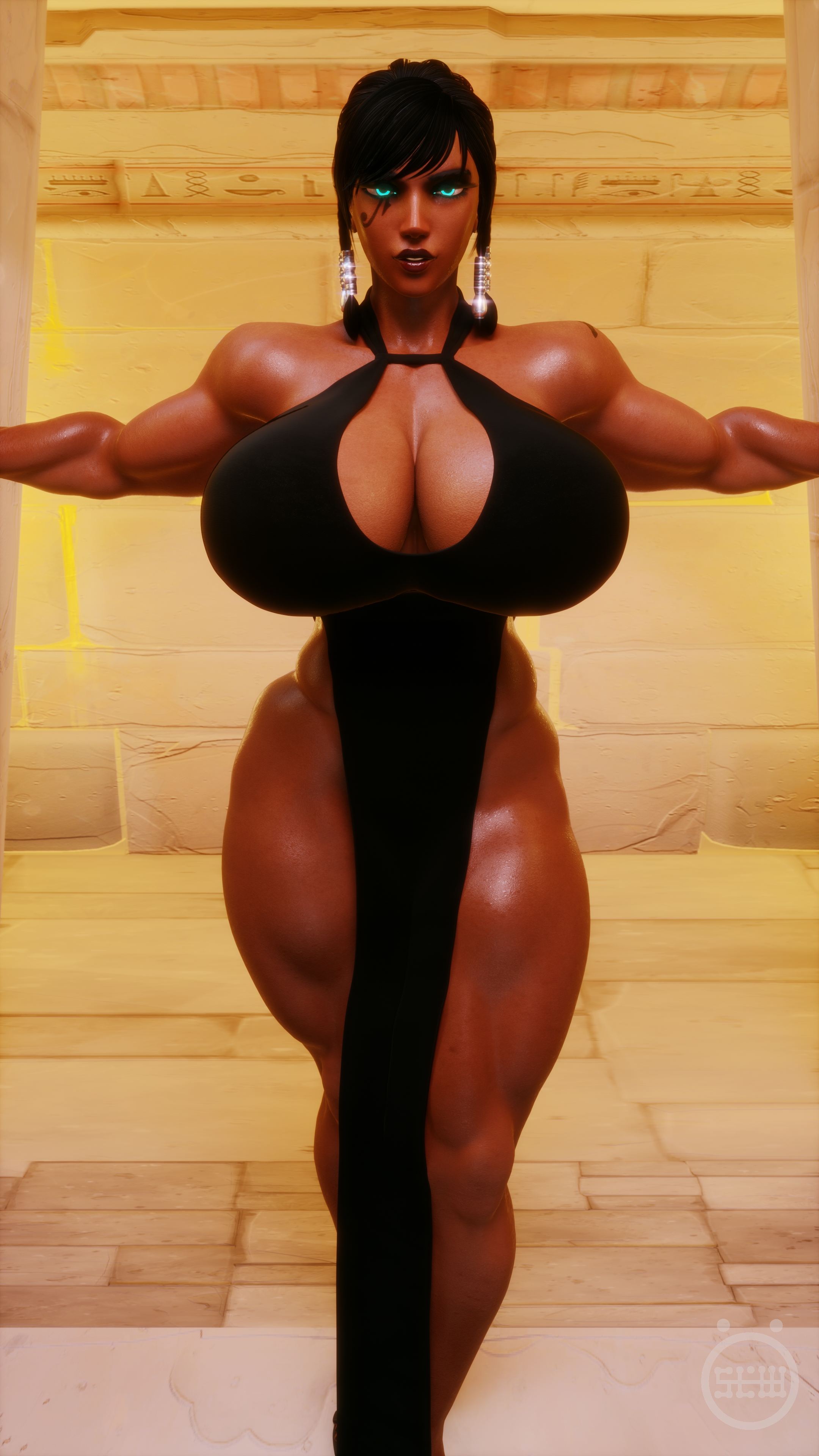 abs, ass, biceps, breasts, dark skin, dark-skinned female, female, female focus, huge ass, huge breasts, long legs, looking at viewer, muscular, muscular female, overwatch, pharah, self upload, slow (artist), thick thighs
