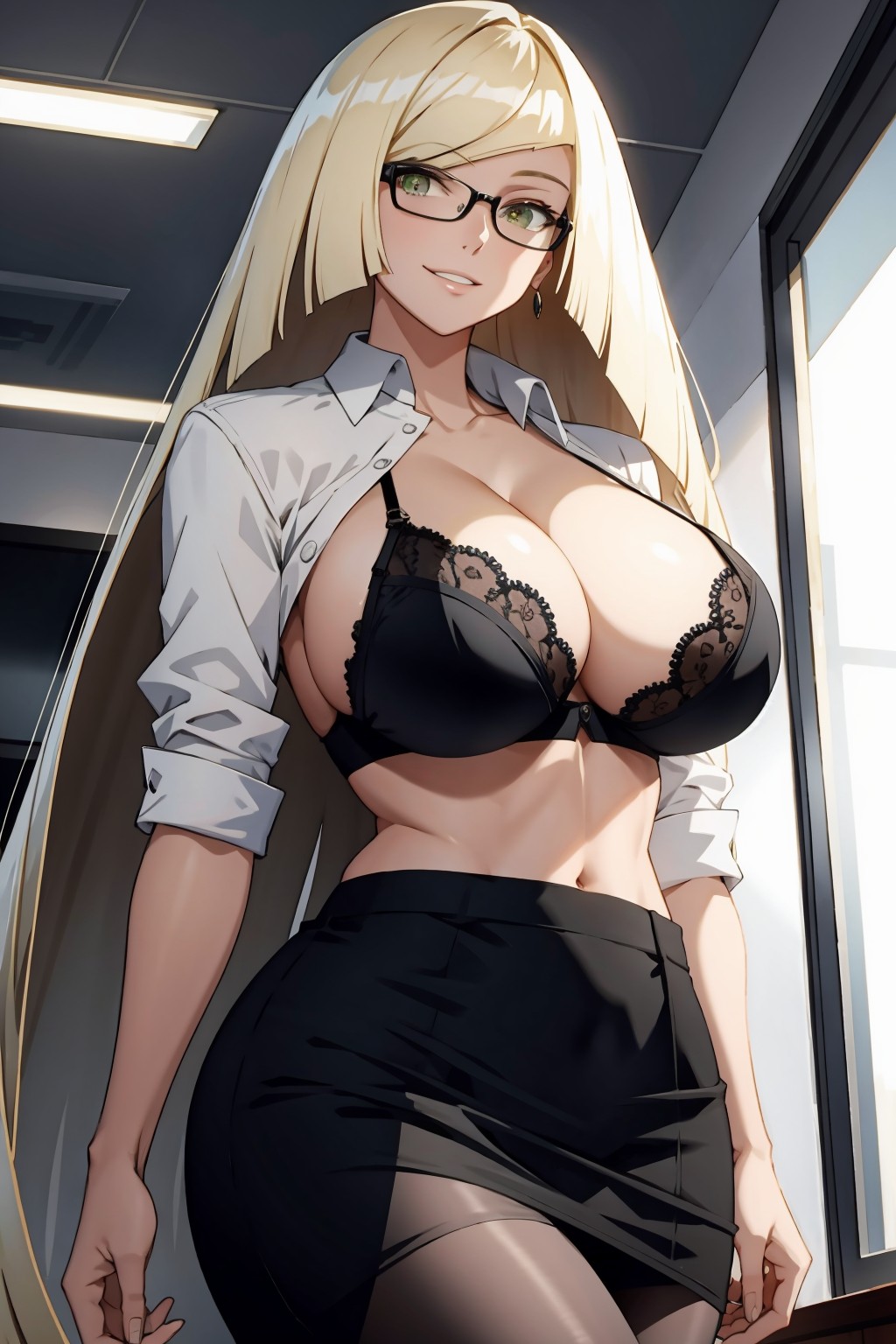 1girls, ai generated, alternate breast size, blonde hair, bra, breasts, cleavage, female, game freak, glasses, green eyes, huge breasts, large breasts, light skin, light-skinned female, long hair, lusamine (pokemon), mature female, milf, mother, nintendo, office lady, pokemon, pokemon sm, smile, stable diffusion, thick thighs