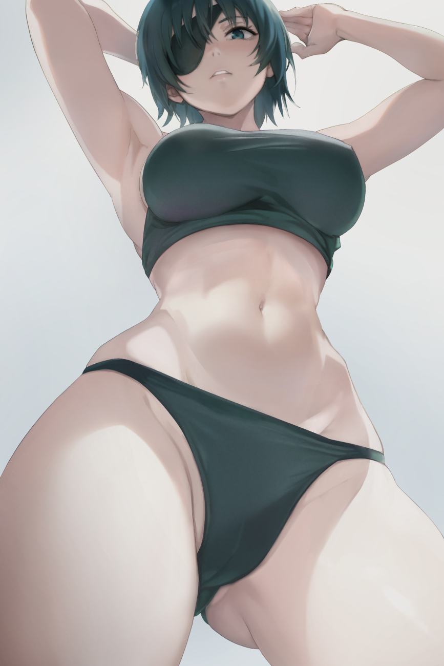 1girls, abs, ass, ass focus, ass visible through thighs, big ass, big breasts, breasts, cameltoe, chainsaw man, doujintraya, eyepatch, female, female only, himeno (chainsaw man), light skin, light-skinned female, looking at viewer, looking down at viewer, low-angle view, mappa, navel, nipple bulge, pov, pussy, thick thighs, underboob, underwear, wide hips