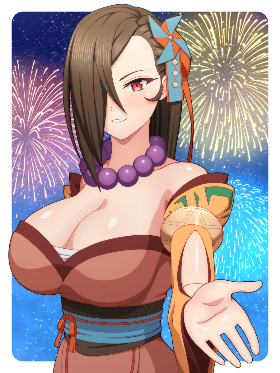 1girls alternate_costume bare_shoulders bead_necklace beads blush breasts brown_eyes brown_hair cleavage commission detached_sleeves english_commentary female female female_only fire_emblem fire_emblem_fates fire_emblem_heroes fireworks hair_over_one_eye highres ibushi_(oath) japanese_clothes jewelry kagero_(fire_emblem) kagero_(winds_offered)_(fire_emblem) kimono large_breasts leather_strap long_hair looking_at_viewer mixed-language_commentary necklace night night_sky ninja nintendo oathcradle official_alternate_costume open_mouth pinwheel_hair_ornament ponytail reaching reaching_towards_viewer short_kimono simple_background skeb_commission sky smile solo star_(sky) starry_sky upper_body