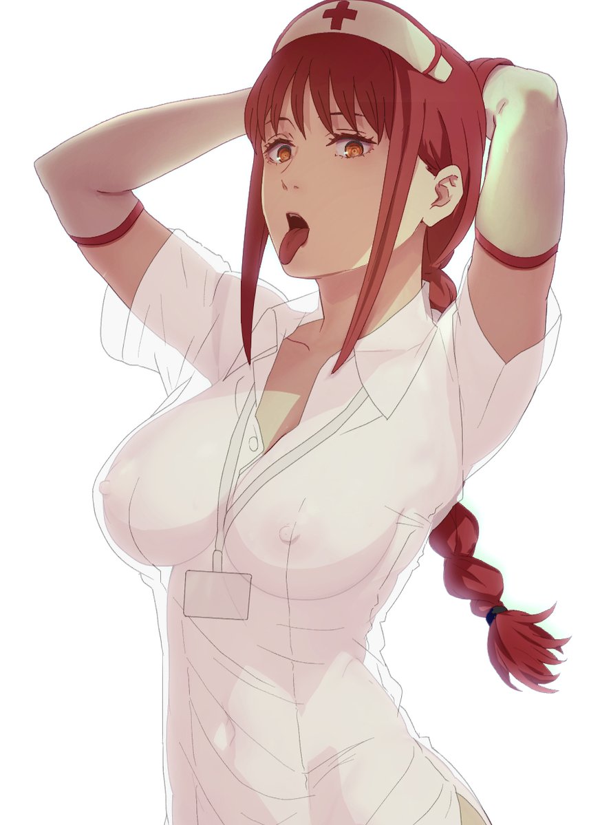 1girls, arms behind back, big breasts, breasts, chainsaw man, doujintraya, female, female only, gloves, makima (chainsaw man), mappa, nurse, nurse cap, nurse uniform, red hair, see-through, see-through clothing, tongue, tongue out