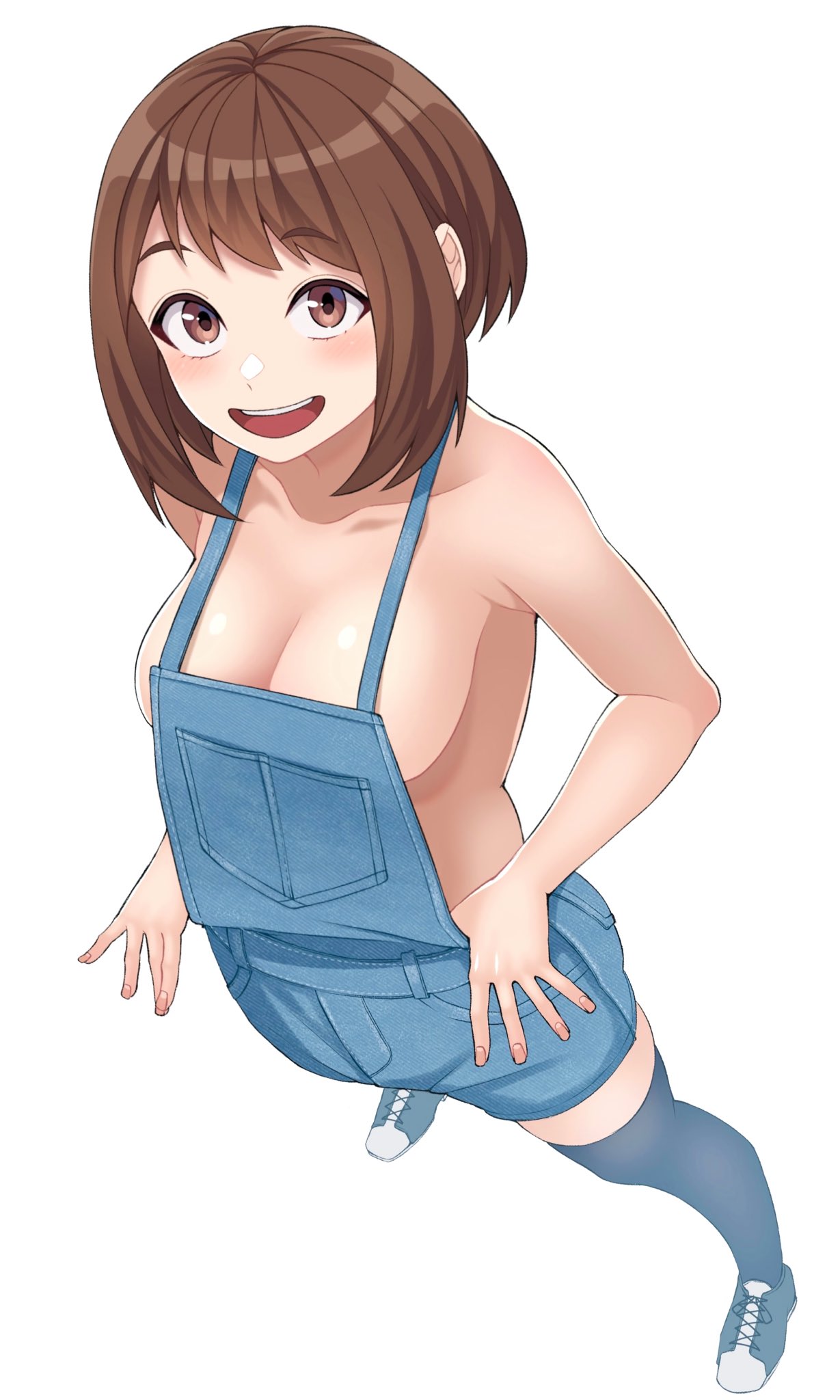1girls, breasts, brown hair, brown-haired female, female, kobaji, mostly clothed, my hero academia, ochako uraraka, overalls only