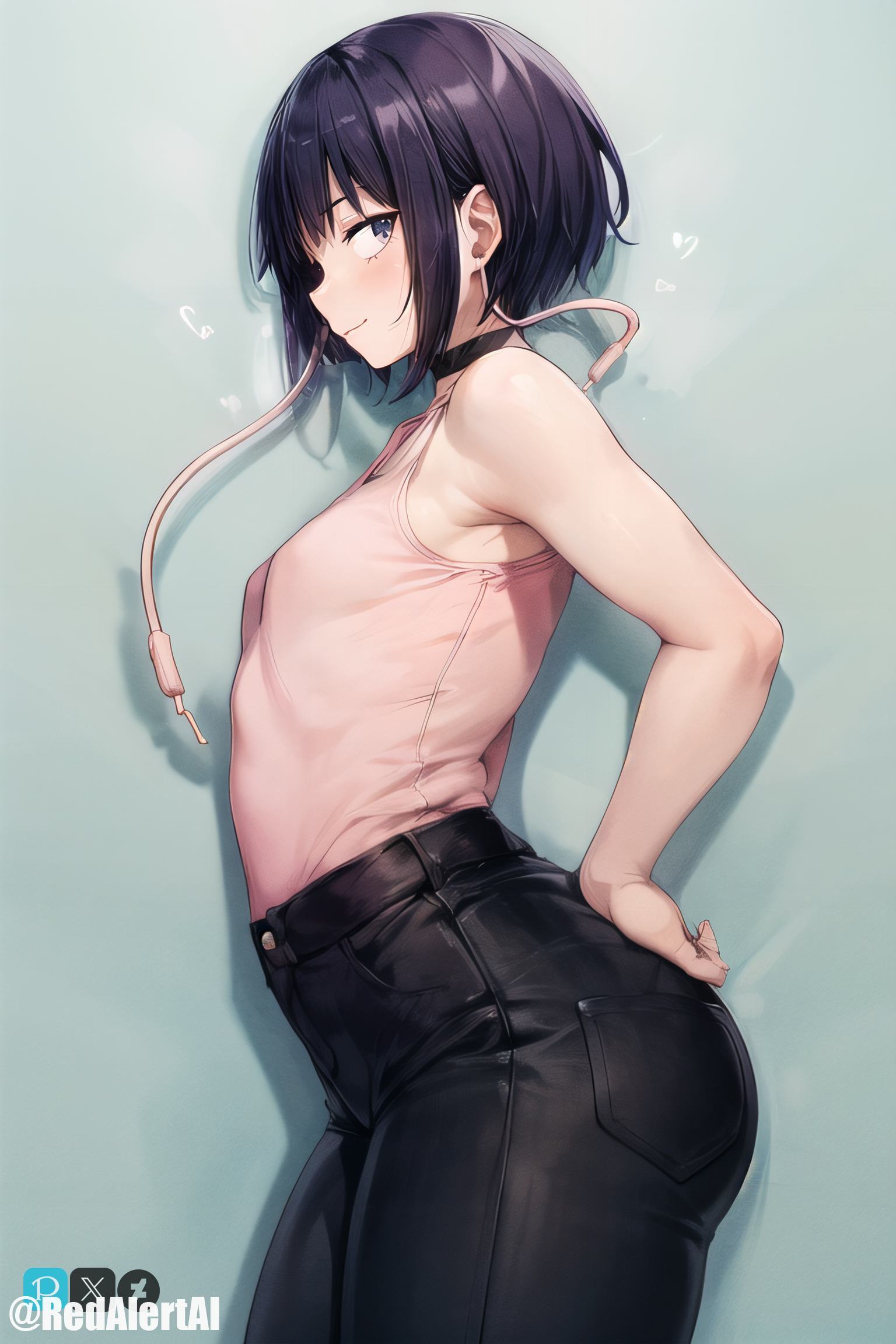 1girls, ai generated, arched back, ass, ass focus, boku no hero academia, breasts, female, female only, flat chest, jeans, jirou kyouka, kyoka jiro, looking at viewer, my hero academia, purple eyes, purple hair, redalertai, side view, small breasts, solo